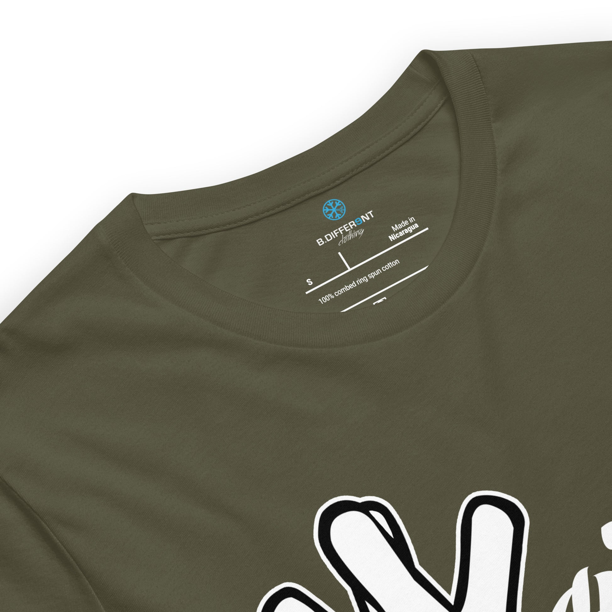 Green-Weirdo Hand Sign Tee from B.Different Clothing, collar, graffiti-inspired streetwear t-shirt