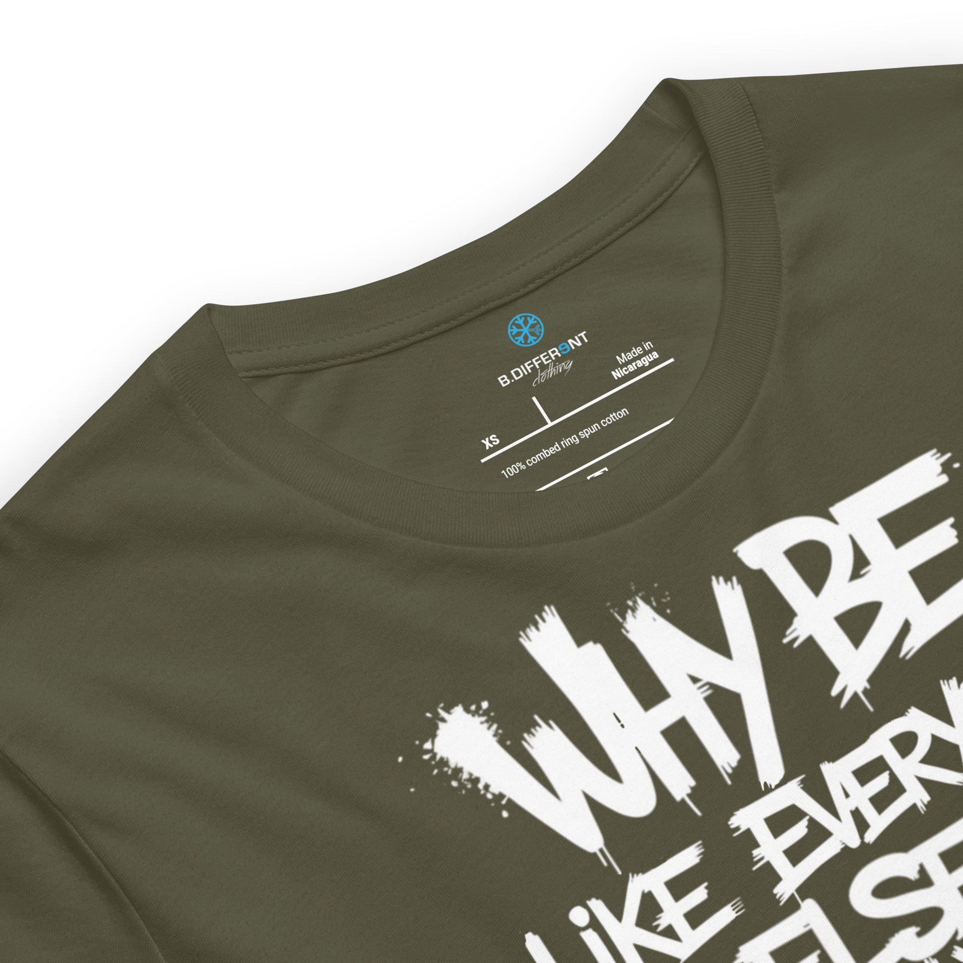 Green-Chaos They Fear Graffiti Tag Tee from B.Different Clothing, collar, graffiti-inspired streetwear t-shirt mockup