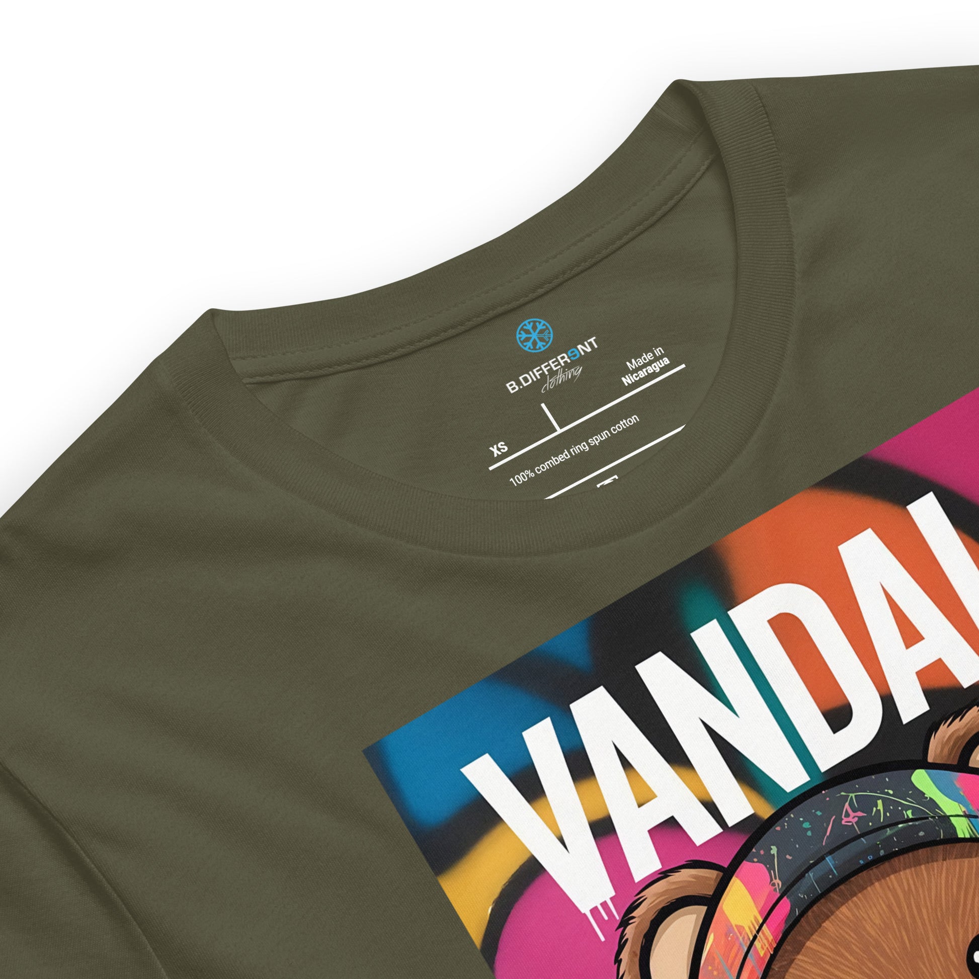 Green-Vandal Teddy Bear Graffiti Tee from B.Different Clothing, collar, graffiti-inspired streetwear