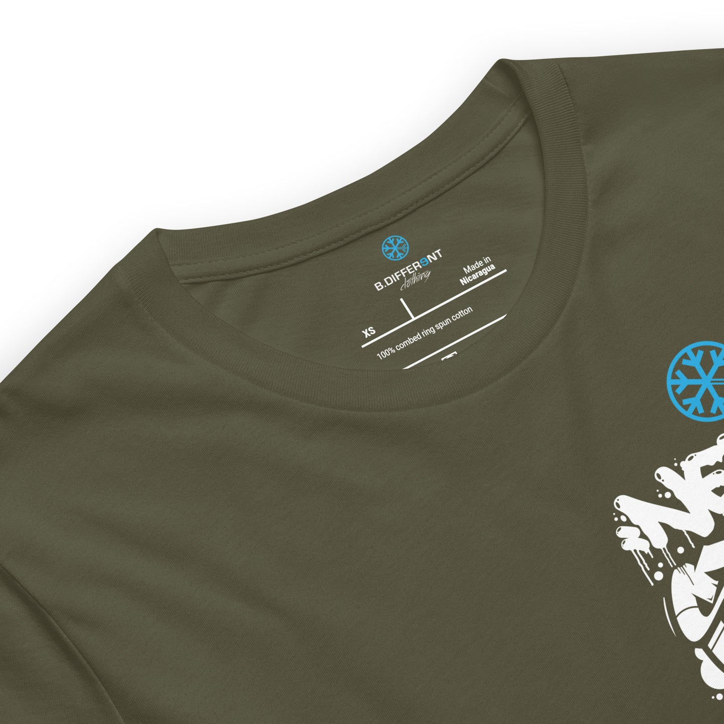 Green-Never Stop Graffiti Character Tee from B.Different Clothing, collar, graffiti-inspired streetwear t-shirt