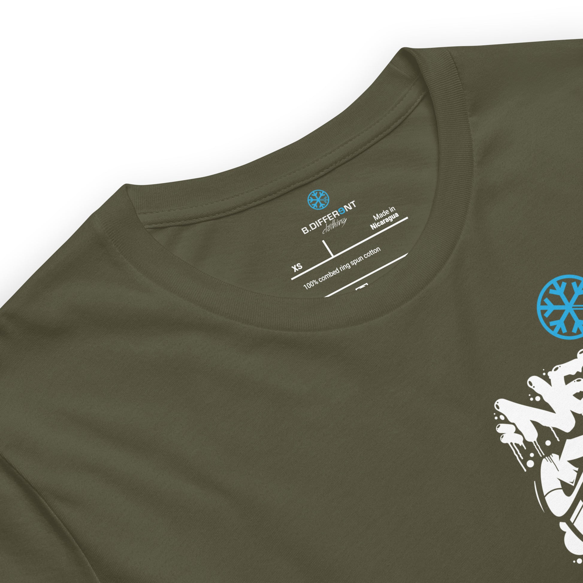 Green-Never Stop Graffiti Character Tee from B.Different Clothing, collar, graffiti-inspired streetwear t-shirt