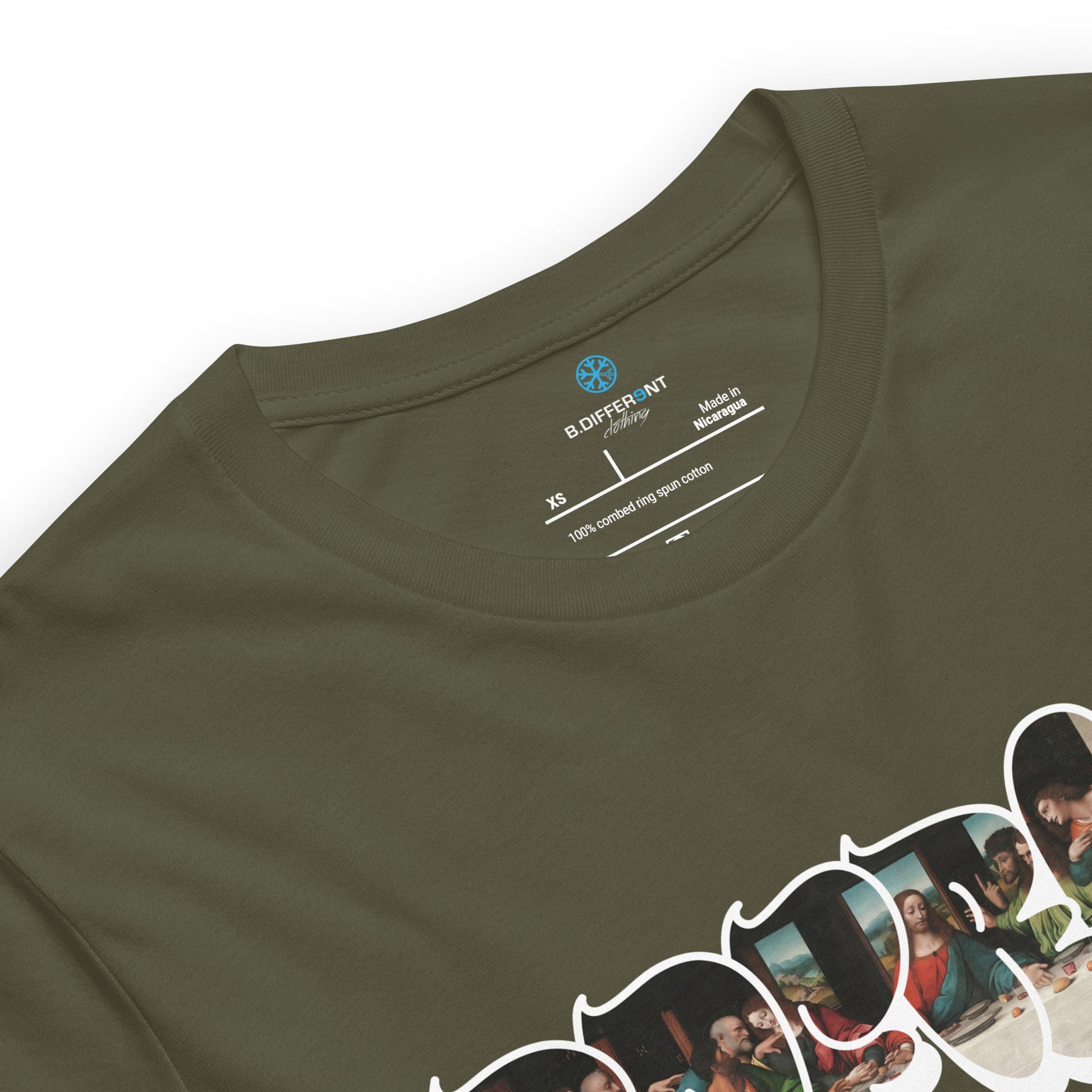 Green-BDFRNT Throwie x Last Supper Graffiti Tee from B.Different Clothing, collar, graffiti-inspired streetwear t-shirt