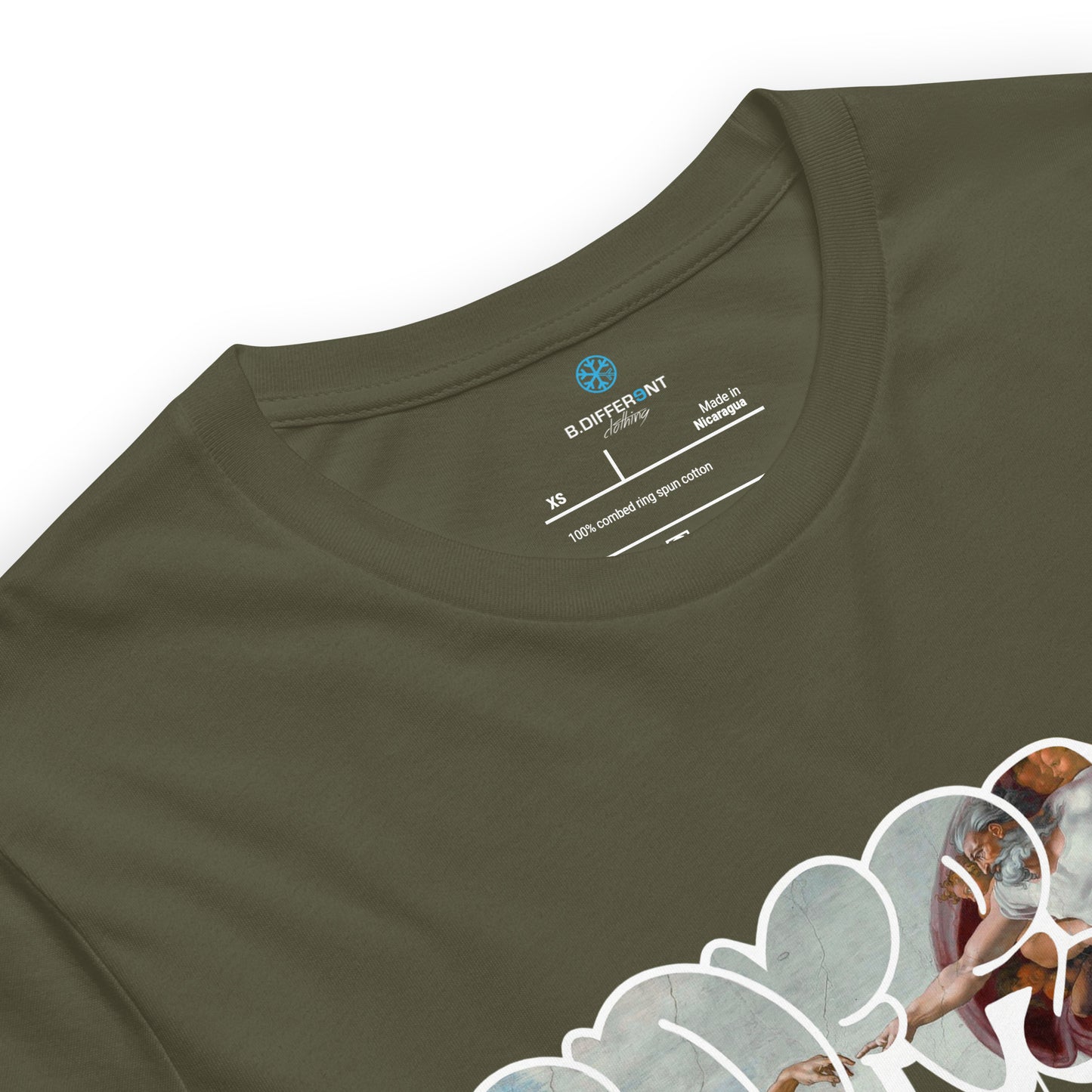 Green-BDFRNT Throwie x Creation of Adam Graffiti Tee from B.Different Clothing, collar, graffiti-inspired streetwear t-shirt