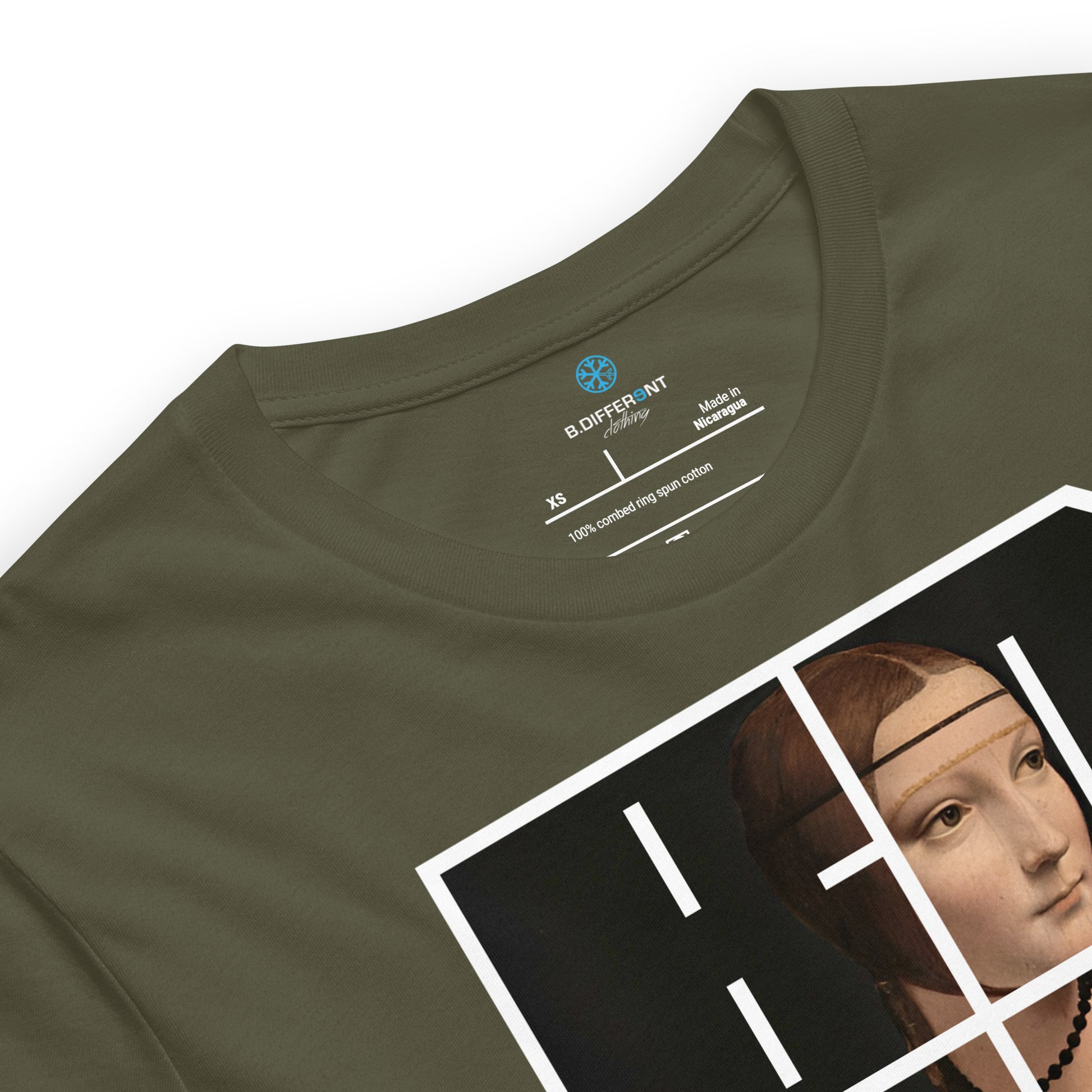 Green-BDFRNT Blockbuster x Lady With Ermine Graffiti Tee from B.Different Clothing, collar, graffiti-inspired streetwear t-shirt