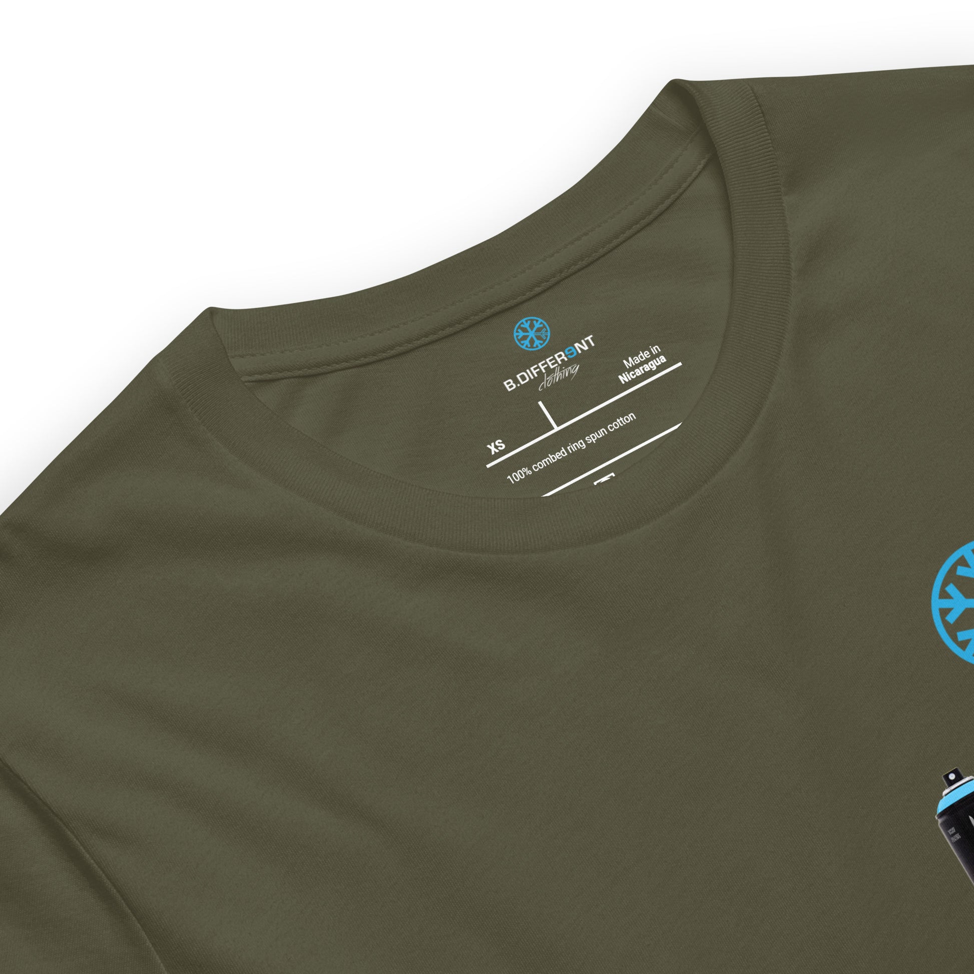 Green-Graffiti Artist Action Figure Tee from B.Different Clothing, collar, graffiti-inspired streetwear t-shirt