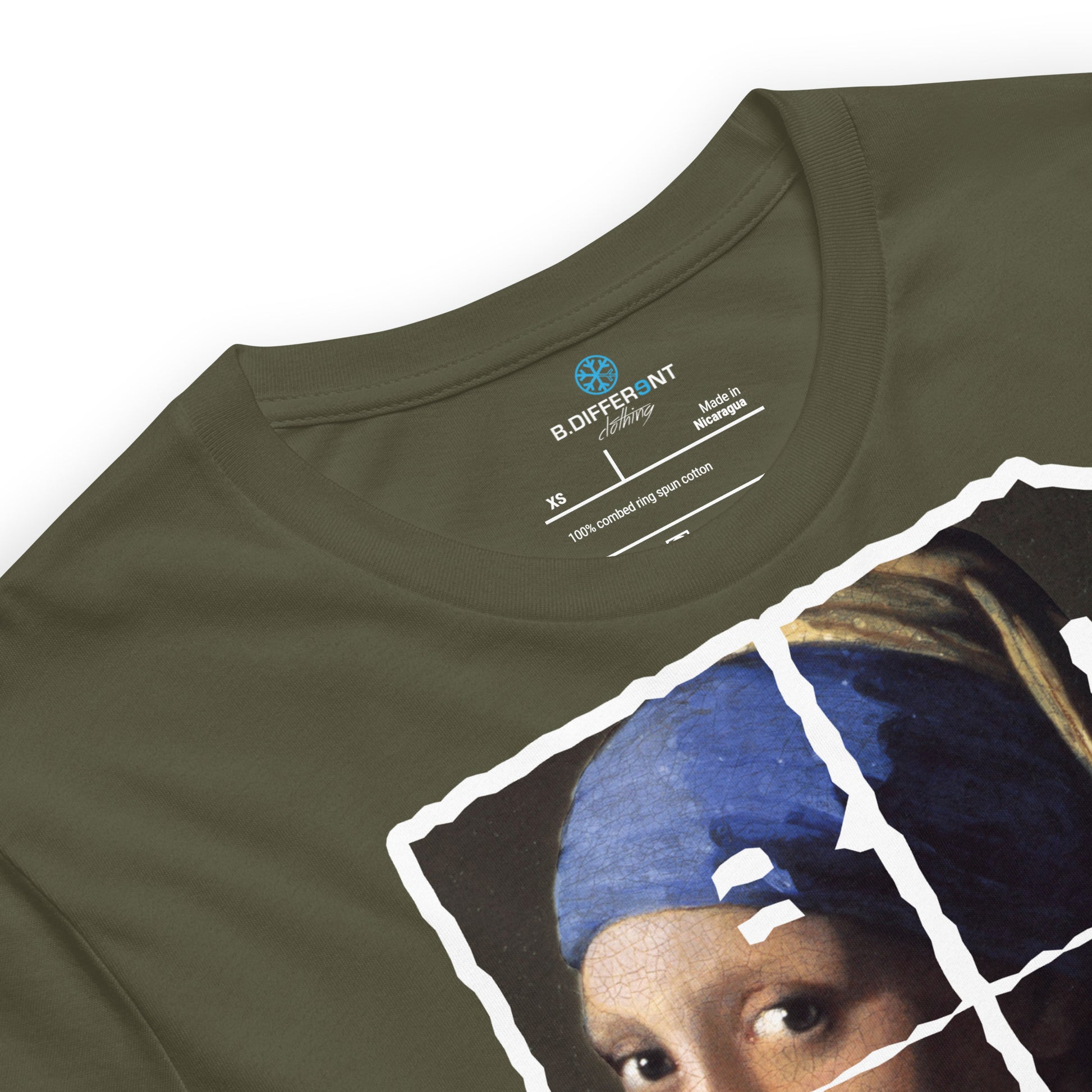 Military Green-BDFRNT Blockbuster x Girl With Pearl Earring Tee from B.Different Clothing, detail view, graffiti-inspired streetwear