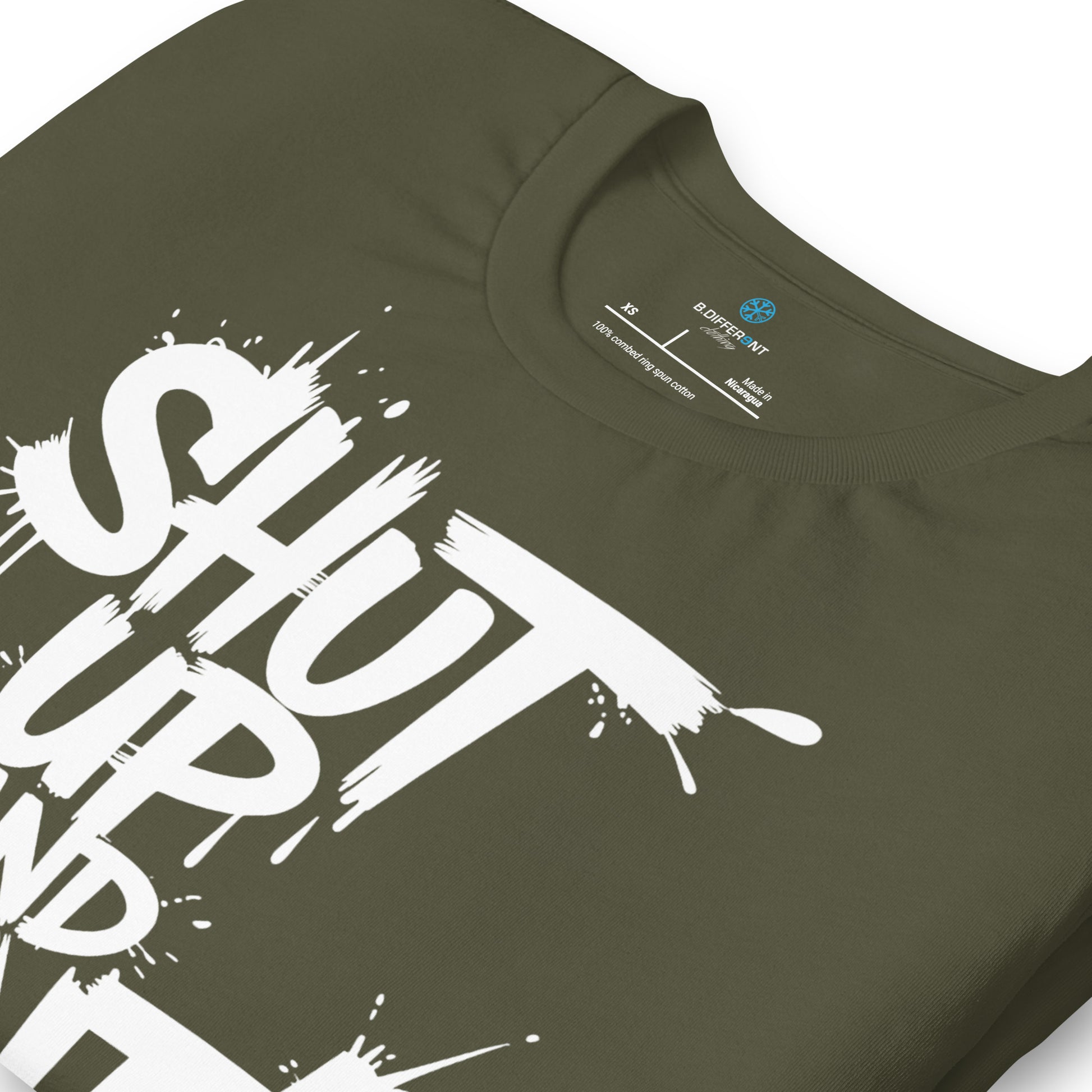 Green-Shut Up and Paint Graffiti Tee from B.Different Clothing, detail, graffiti-inspired streetwear t-shirt