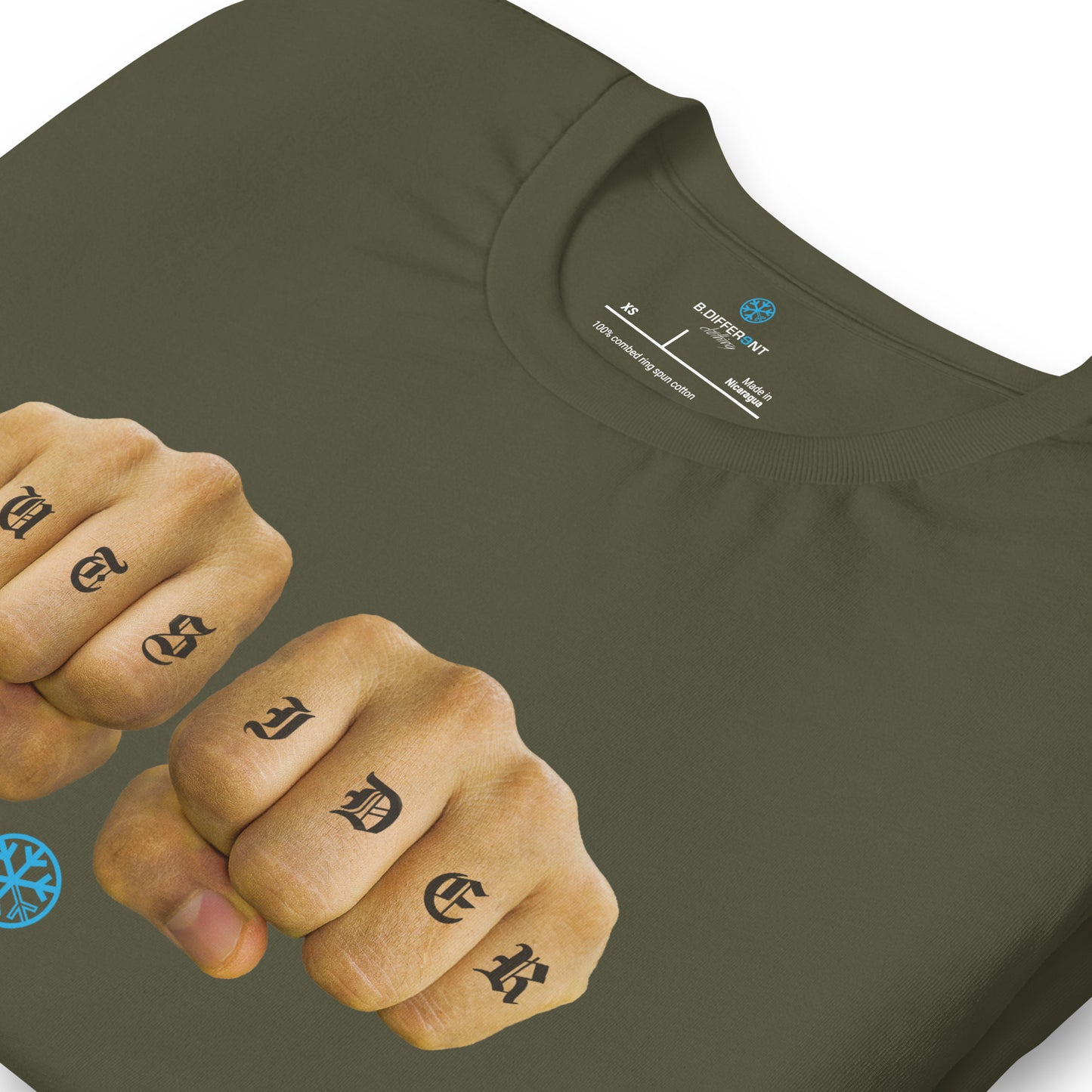 Green-Outsider Tattoo Tee from B.Different Clothing, detail, graffiti-inspired streetwear t-shirt