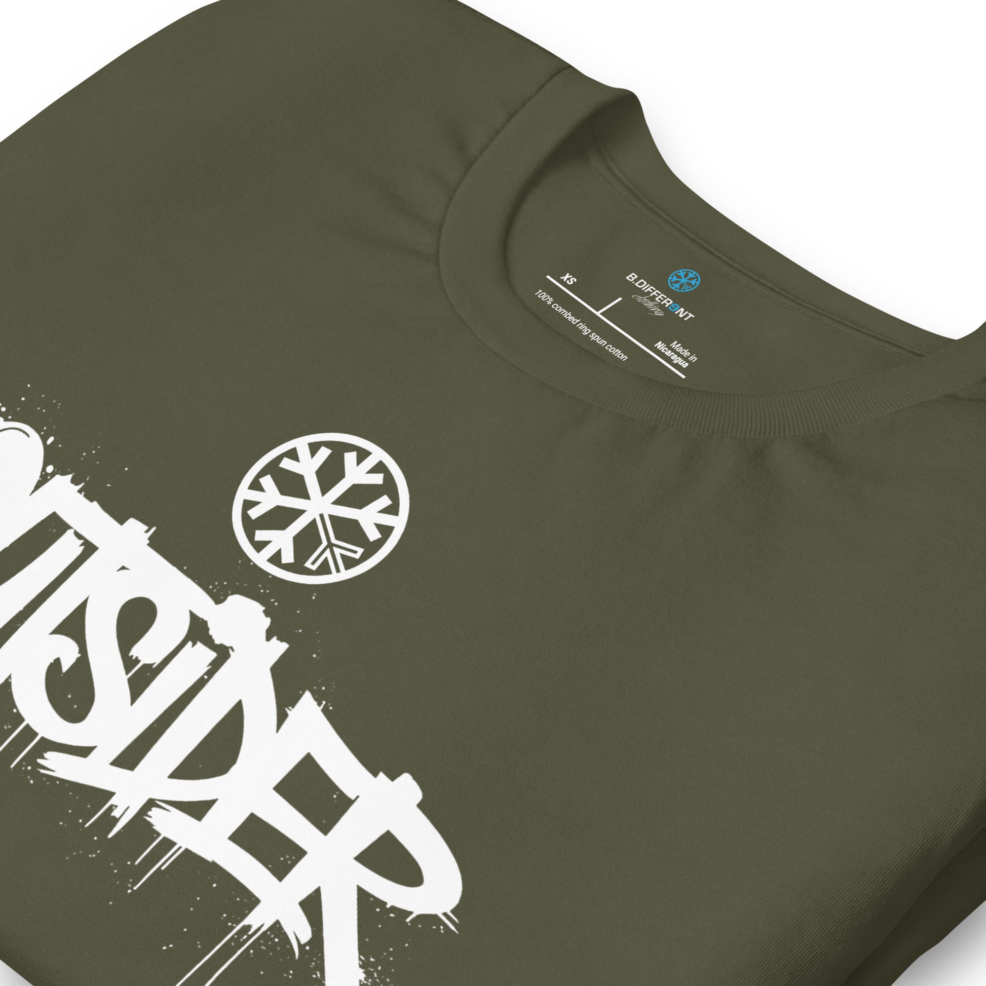 Green-Outsider Graffiti Tag Tee from B.Different Clothing, detail, graffiti-inspired streetwear t-shirt