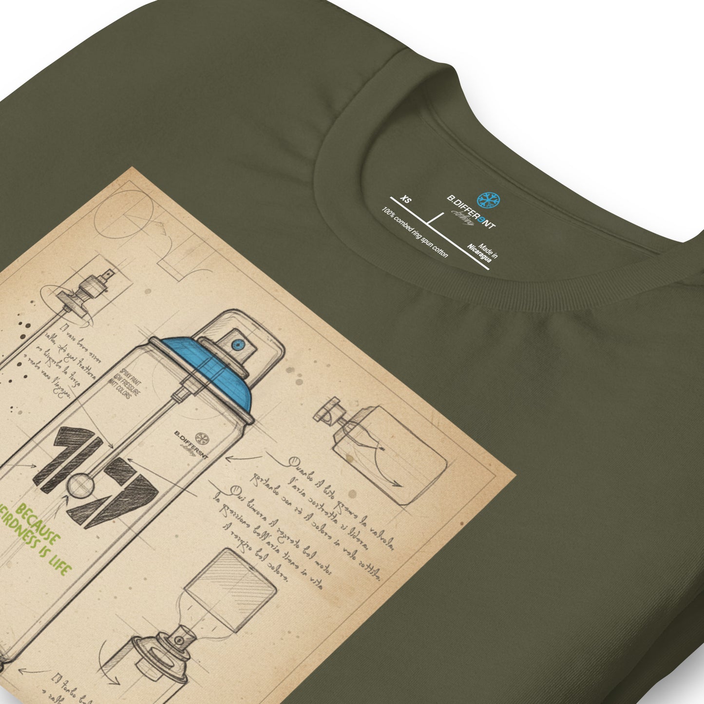 Green-Spray Can Sketch Graffiti Tee from B.Different Clothing, detail, graffiti-inspired streetwear t-shirt