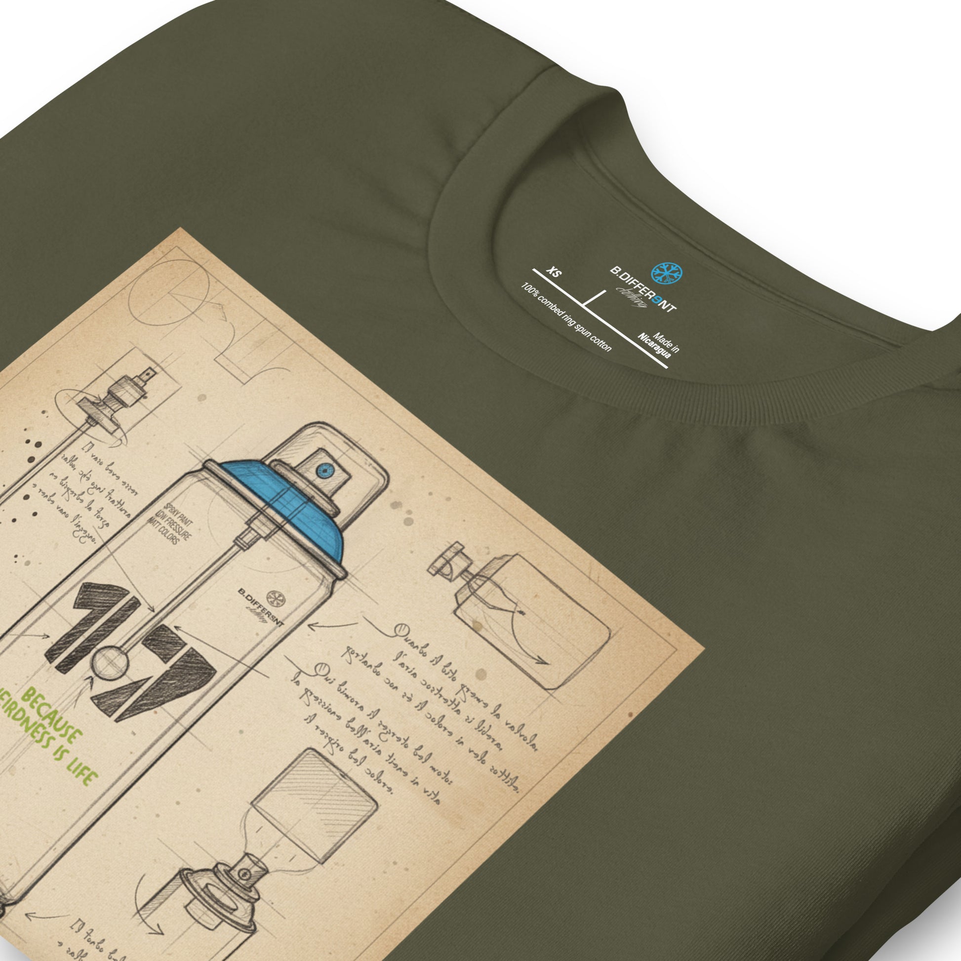 Green-Spray Can Sketch Graffiti Tee from B.Different Clothing, detail, graffiti-inspired streetwear t-shirt