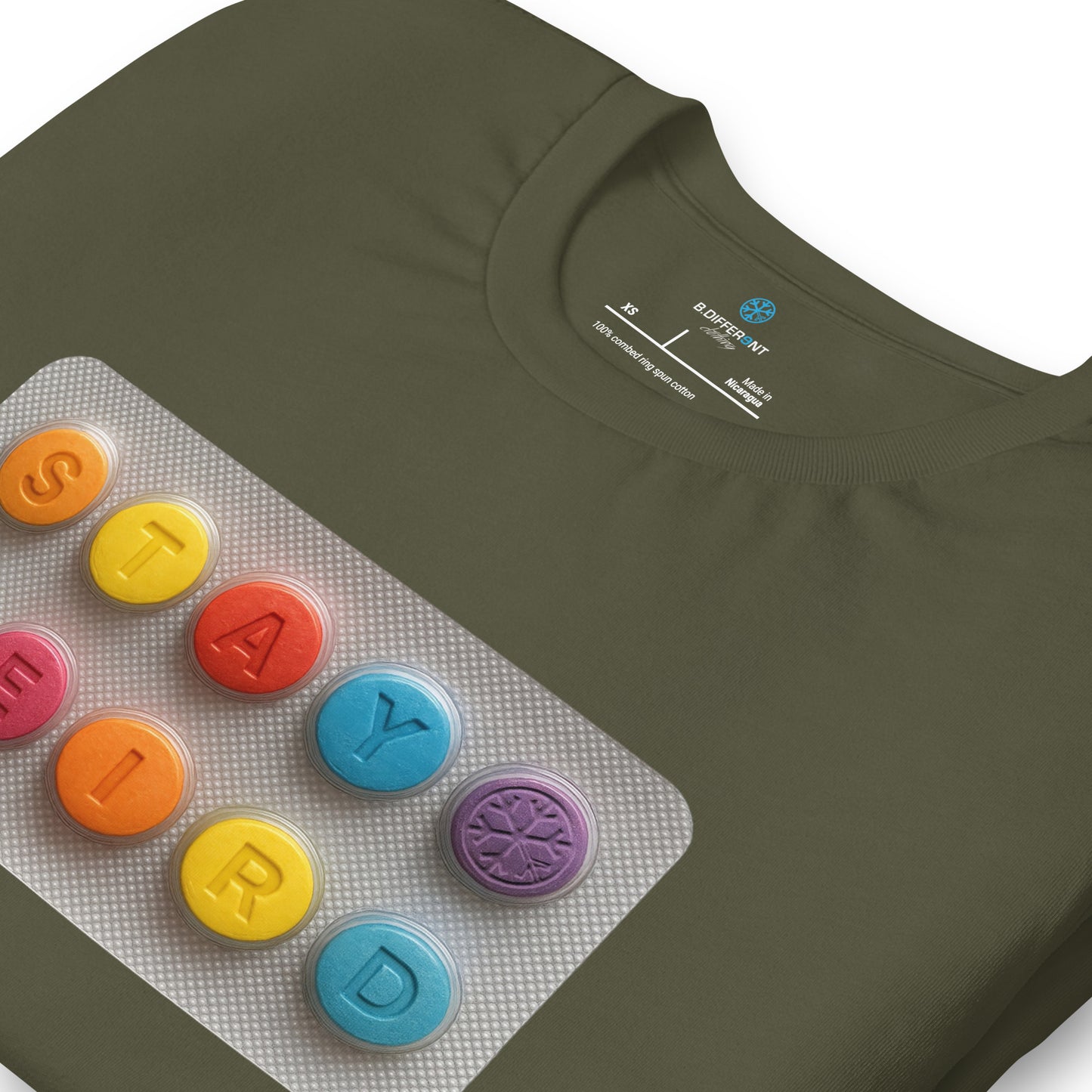 Green-Stay Weird Pills Tee from B.Different Clothing, detail, graffiti-inspired streetwear t-shirt