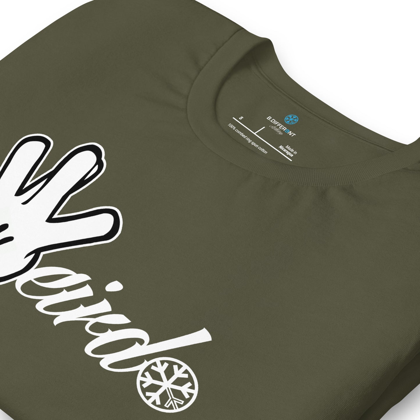 Green-Weirdo Hand Sign Tee from B.Different Clothing, detail, graffiti-inspired streetwear t-shirt