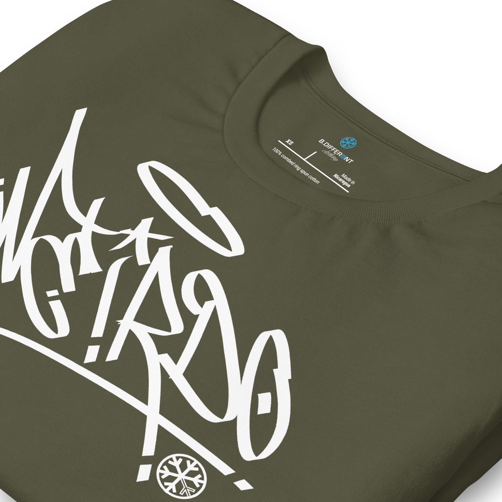 Green-Weirdo Tag Graffiti Tee from B.Different Clothing, detail, graffiti-inspired streetwear t-shirt