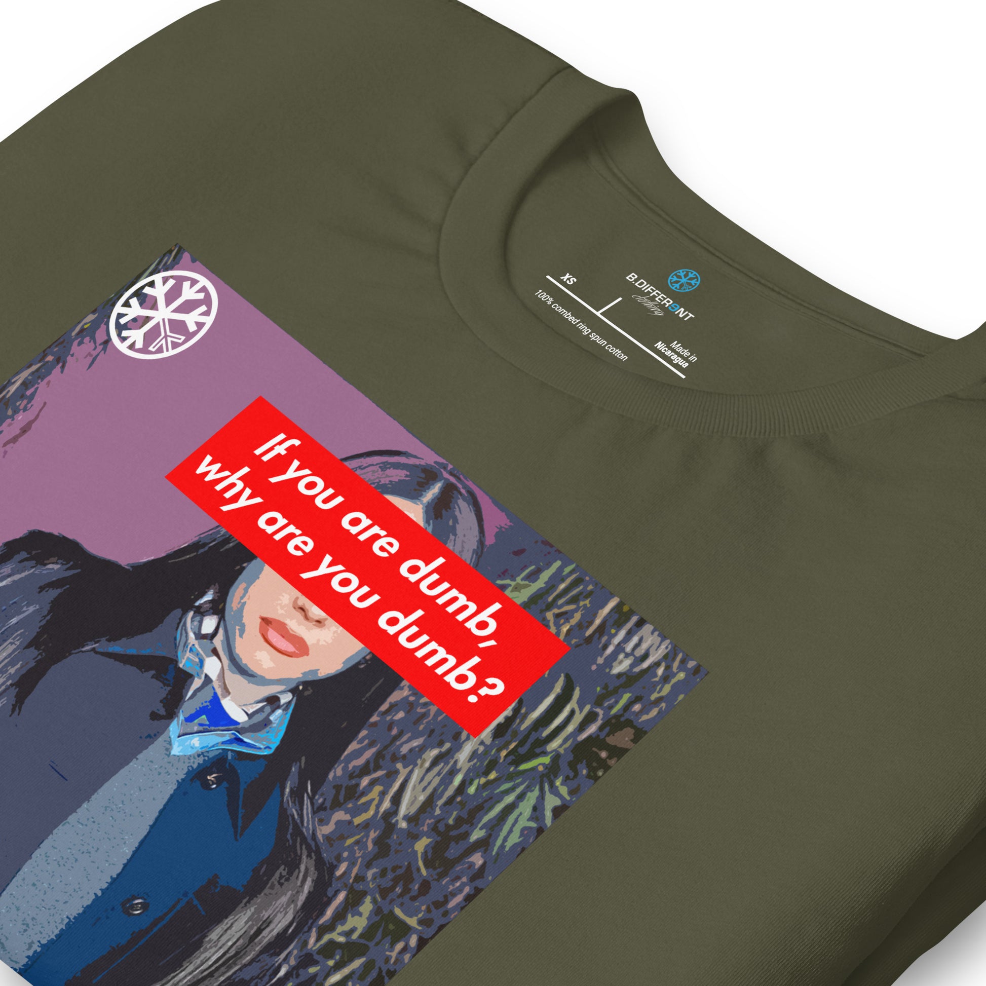 Green-Why Are You Dumb Tee from B.Different Clothing, detail, graffiti-inspired streetwear t-shirt