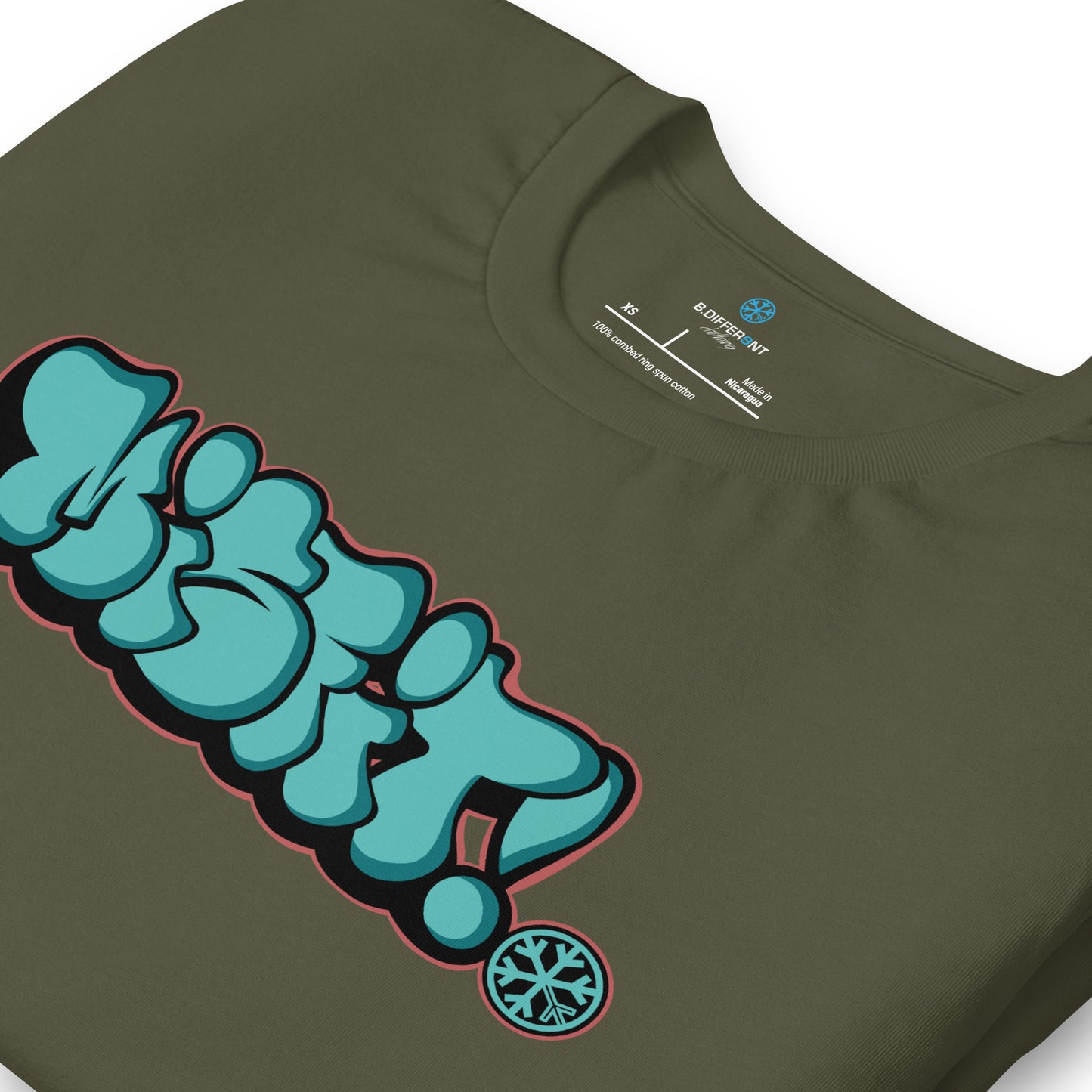 Green-Misfit Graffiti Throwie Tee from B.Different Clothing, detail, graffiti-inspired streetwear t-shirt