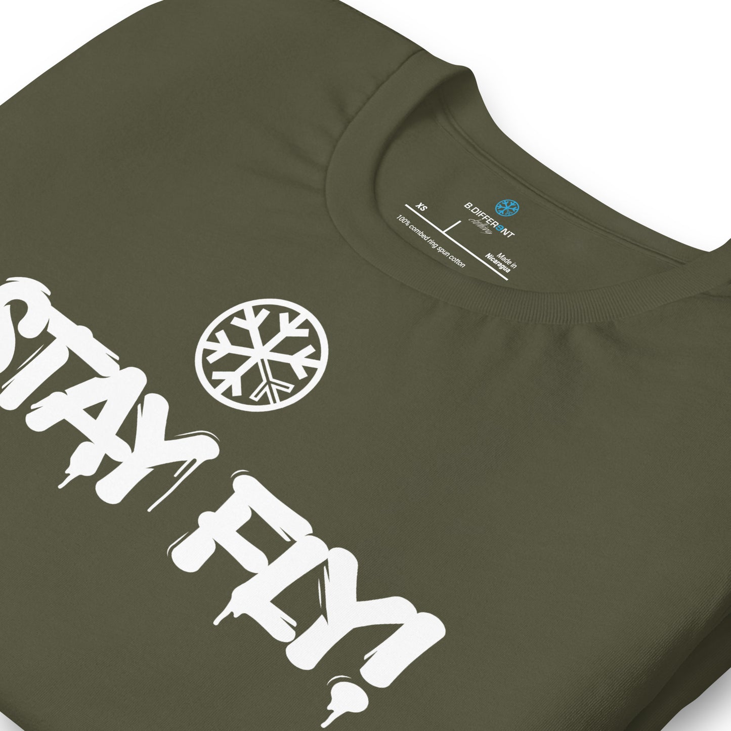 Green-Stay Fly Graffiti Tag Tee from B.Different Clothing, detail, graffiti-inspired streetwear t-shirt