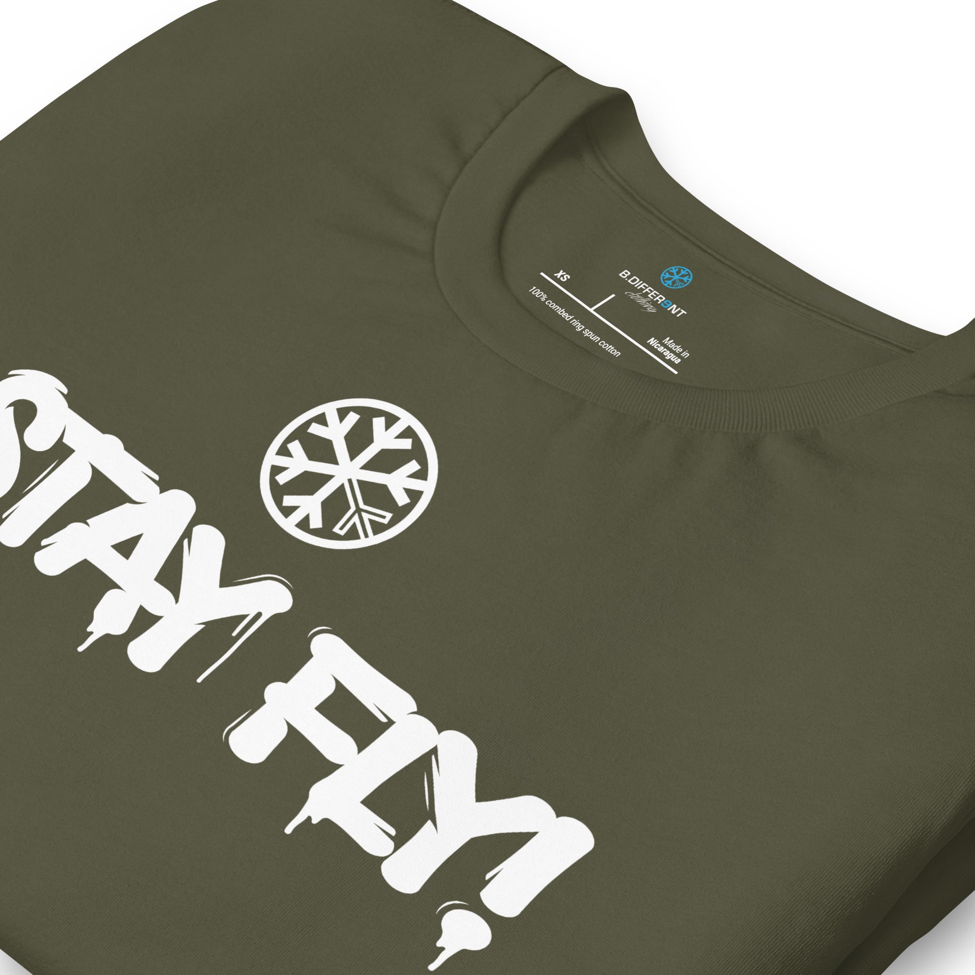 Green-Stay Fly Graffiti Tag Tee from B.Different Clothing, detail, graffiti-inspired streetwear t-shirt