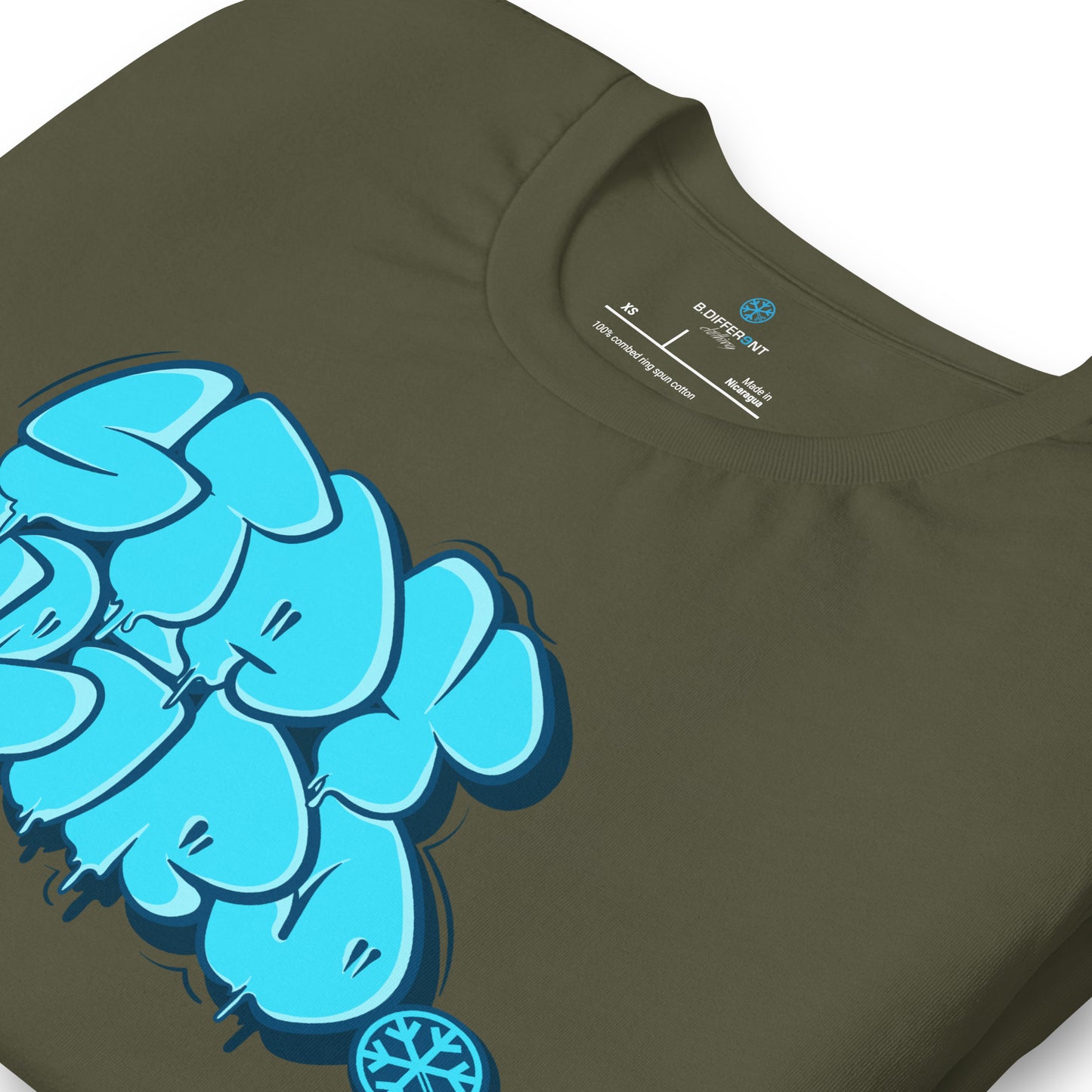 Green-Stay Weird Graffiti Throw-up Tee from B.Different Clothing, detail, graffiti-inspired streetwear t-shirt