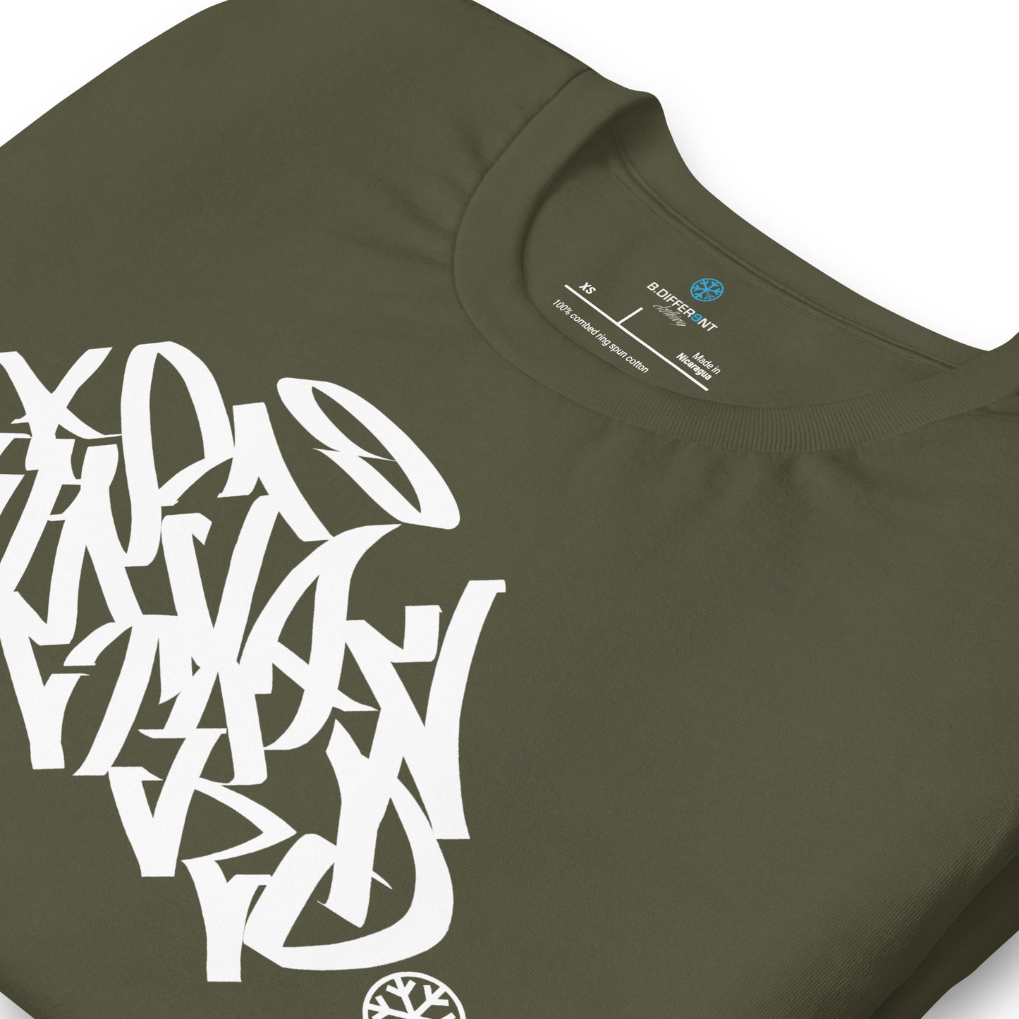 Green-Stay Weird Graffiti Tag Tee from B.Different Clothing, detail, graffiti-inspired streetwear t-shirt