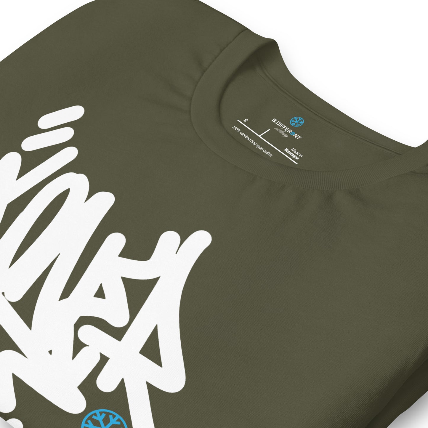 Green-Loner Graffiti Tag Tee from B.Different Clothing, detail, graffiti-inspired streetwear t-shirt