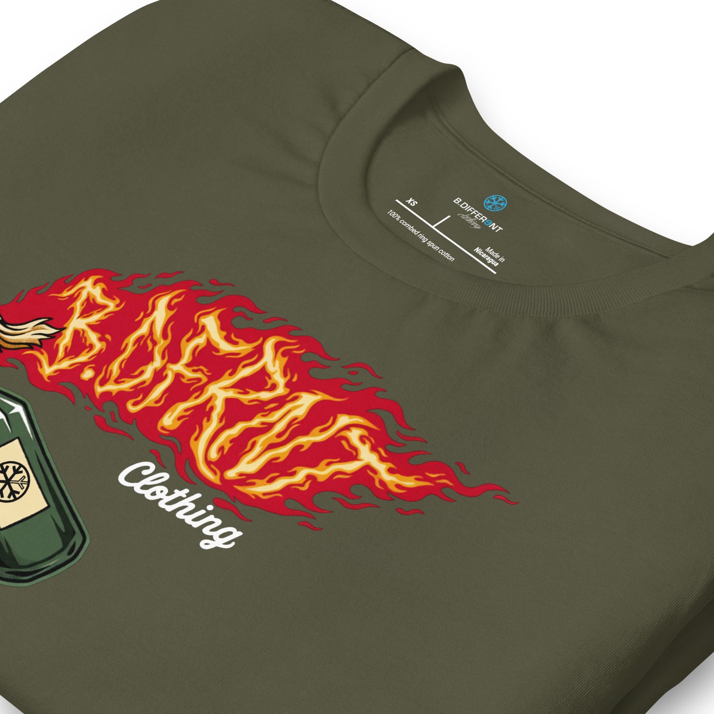 Green-Molotov Graffiti Tee from B.Different Clothing, detail, graffiti-inspired streetwear t-shirt