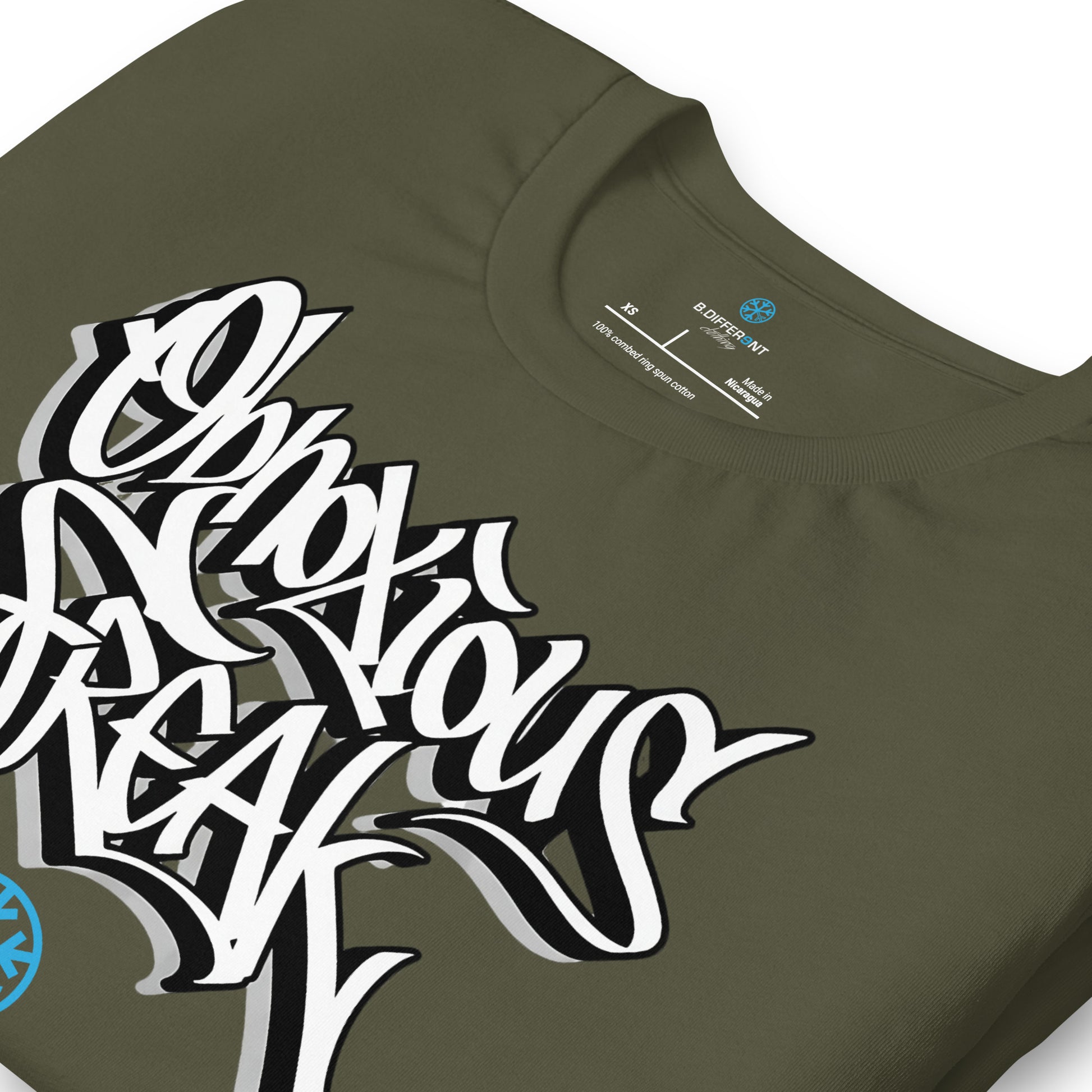 Green-Obnoxious Freak Graffiti Tee from B.Different Clothing, detail, graffiti-inspired streetwear t-shirt