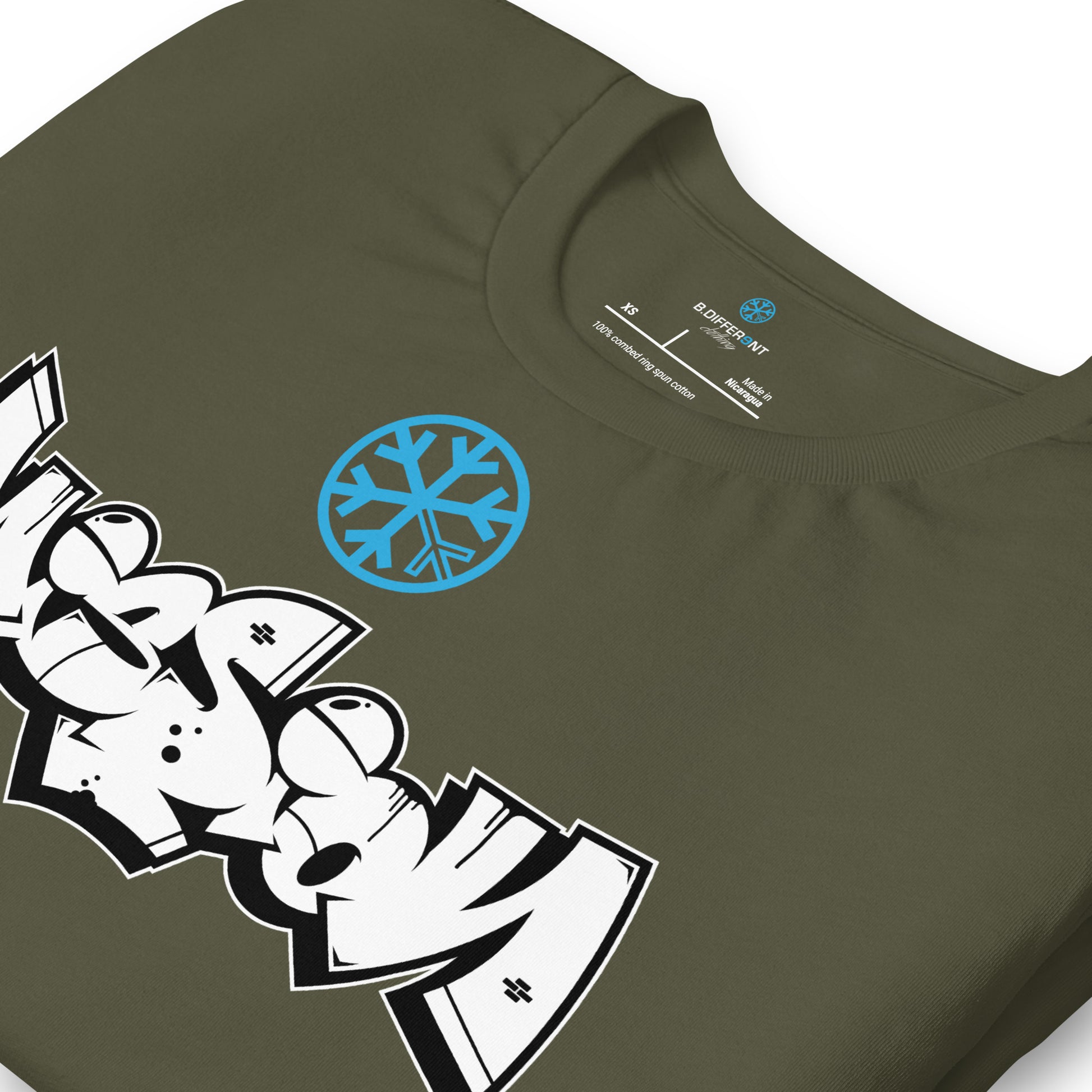 Green-Mission Graffiti Piece Tee from B.Different Clothing, detail, graffiti-inspired streetwear t-shirt