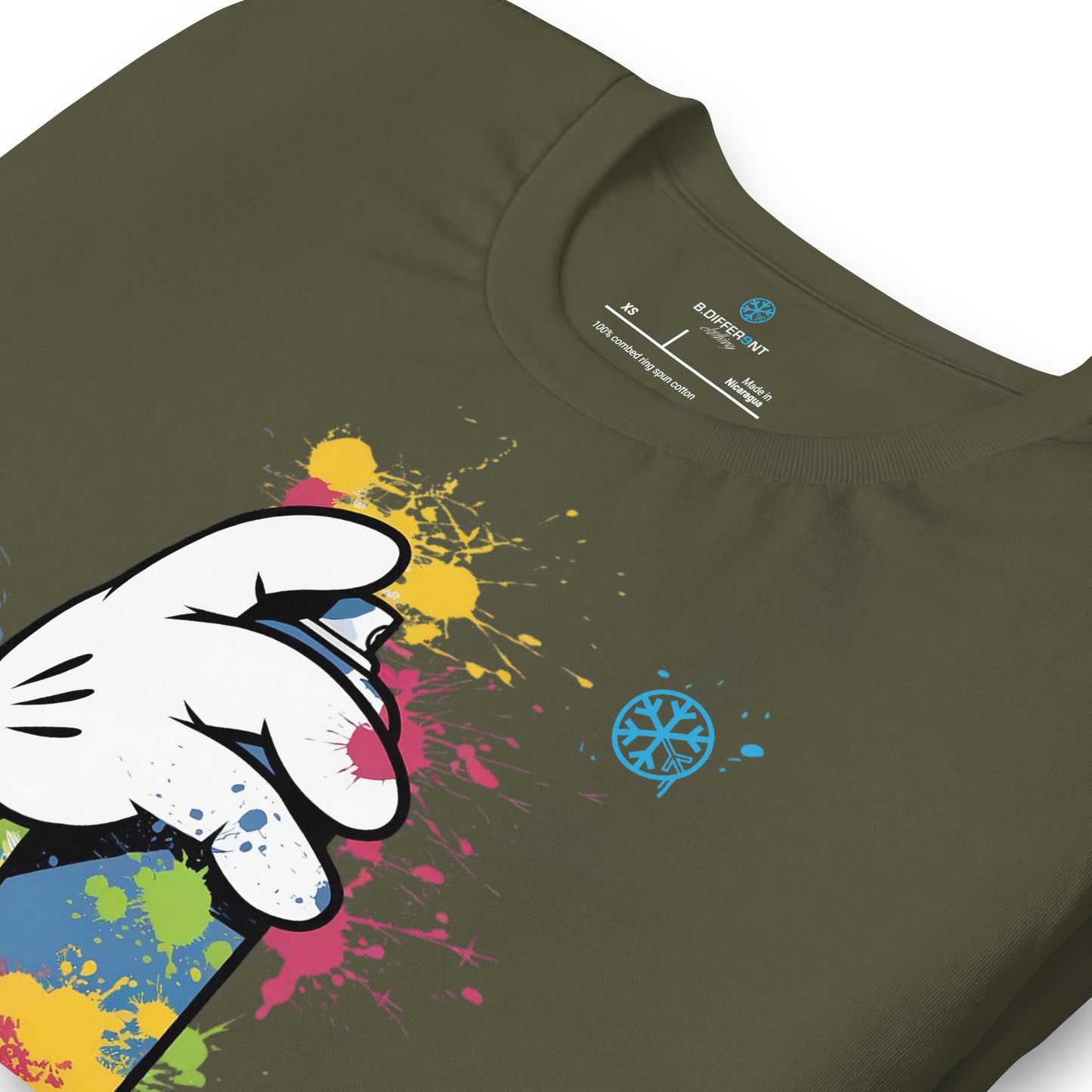 Green-Hand Spray Can Graffiti Tee from B.Different Clothing, detail, graffiti-inspired streetwear t-shirt