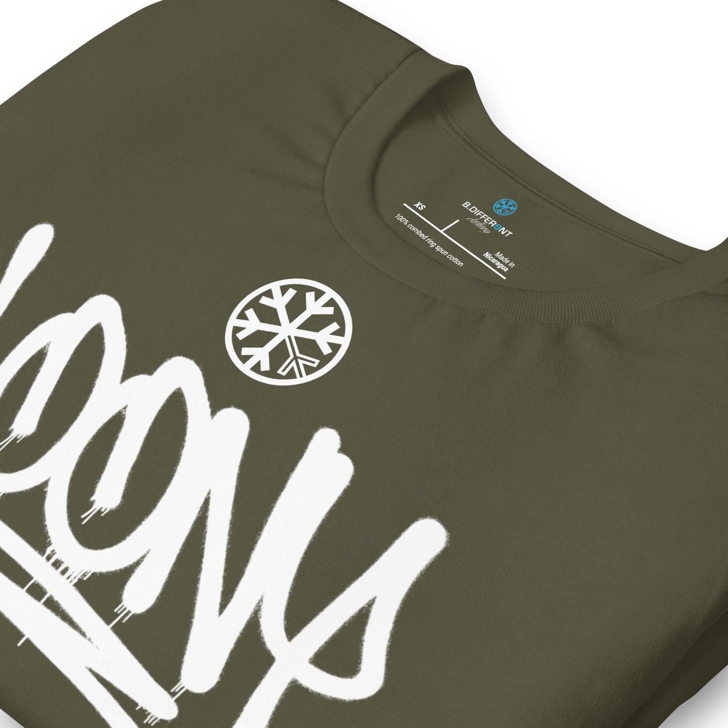 Green-Loony Graffiti Tag Tee from B.Different Clothing, detail, graffiti-inspired streetwear t-shirt