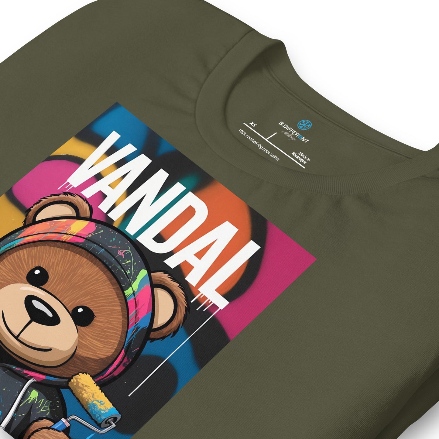 Green-Vandal Teddy Bear Graffiti Tee from B.Different Clothing, detail, graffiti-inspired streetwear
