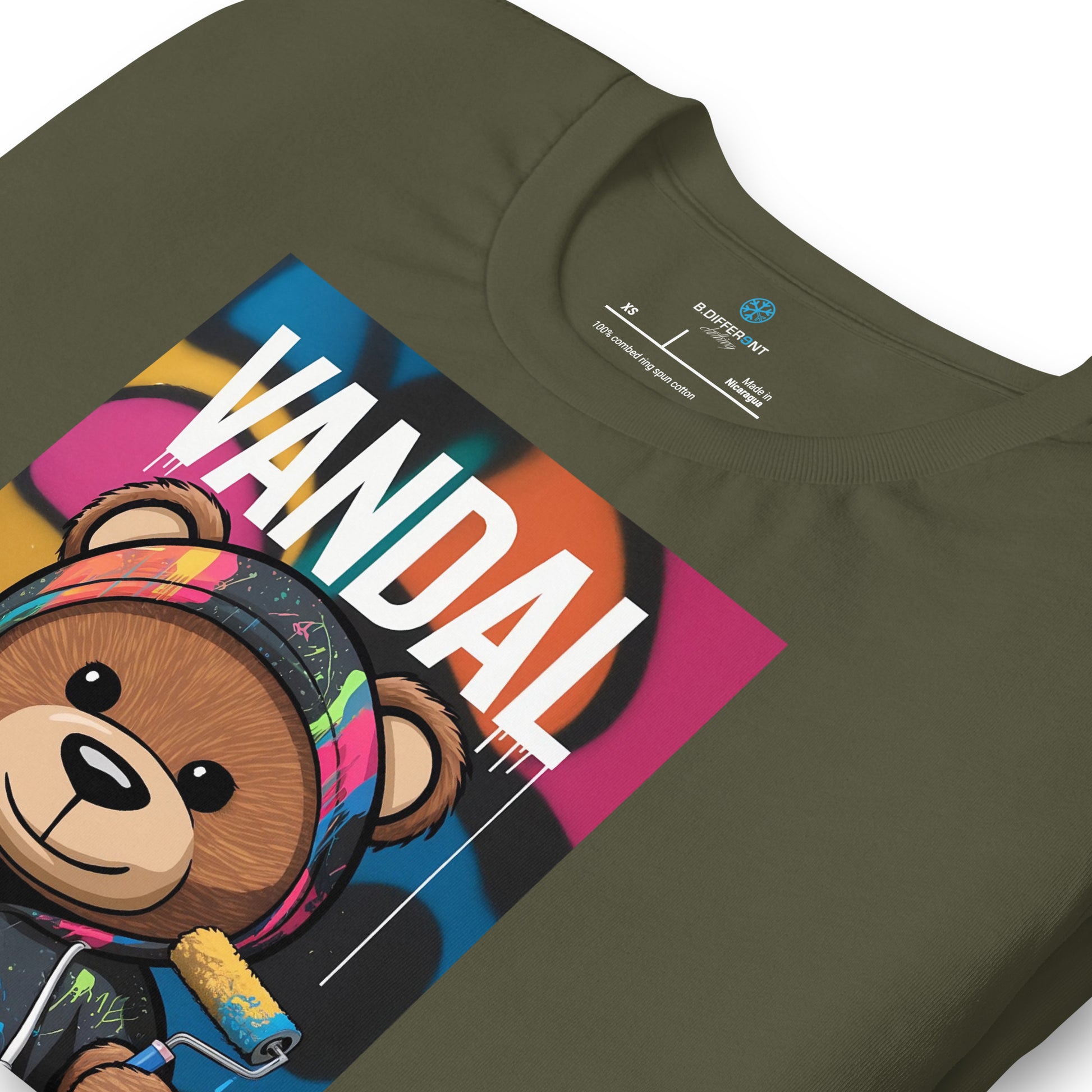 Green-Vandal Teddy Bear Graffiti Tee from B.Different Clothing, detail, graffiti-inspired streetwear