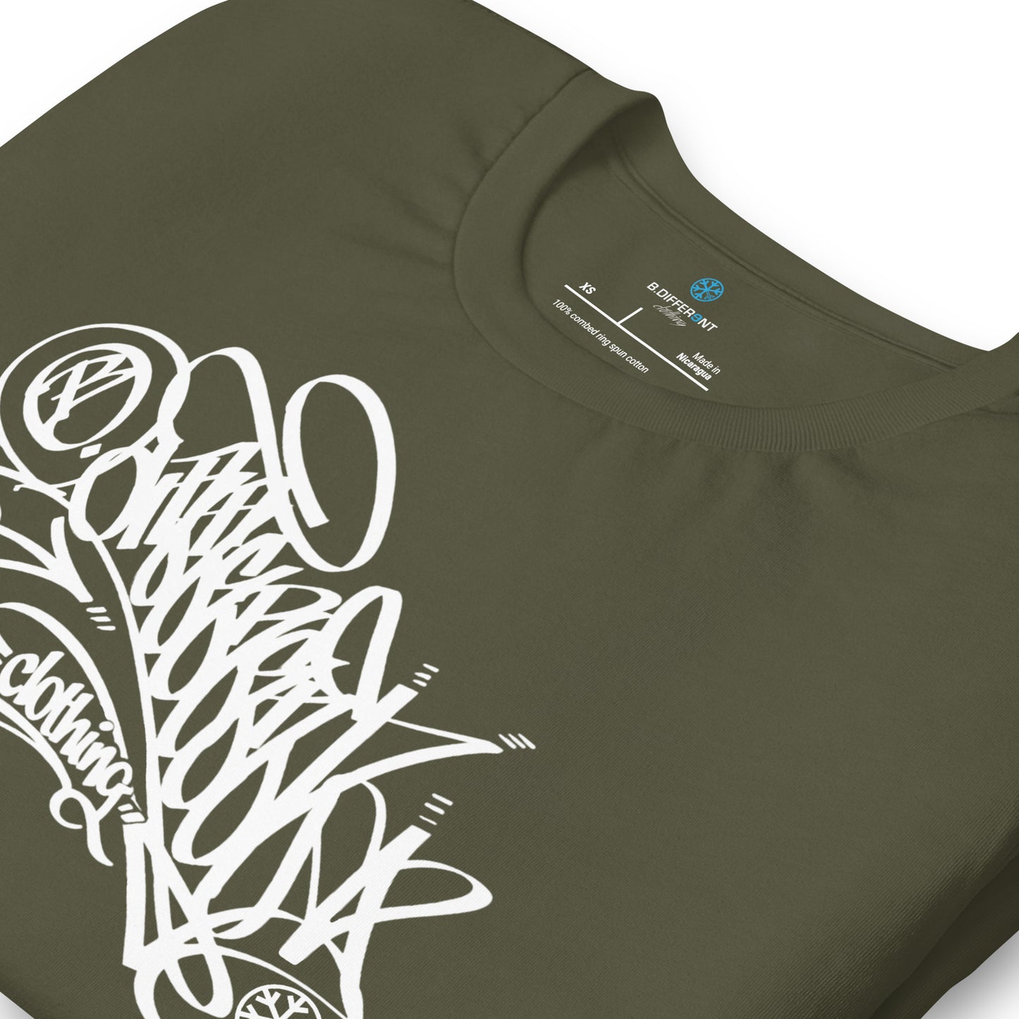 Green-B.Different Clothing Graffiti Tag Tee from B.Different Clothing, detail, graffiti-inspired streetwear t-shirt