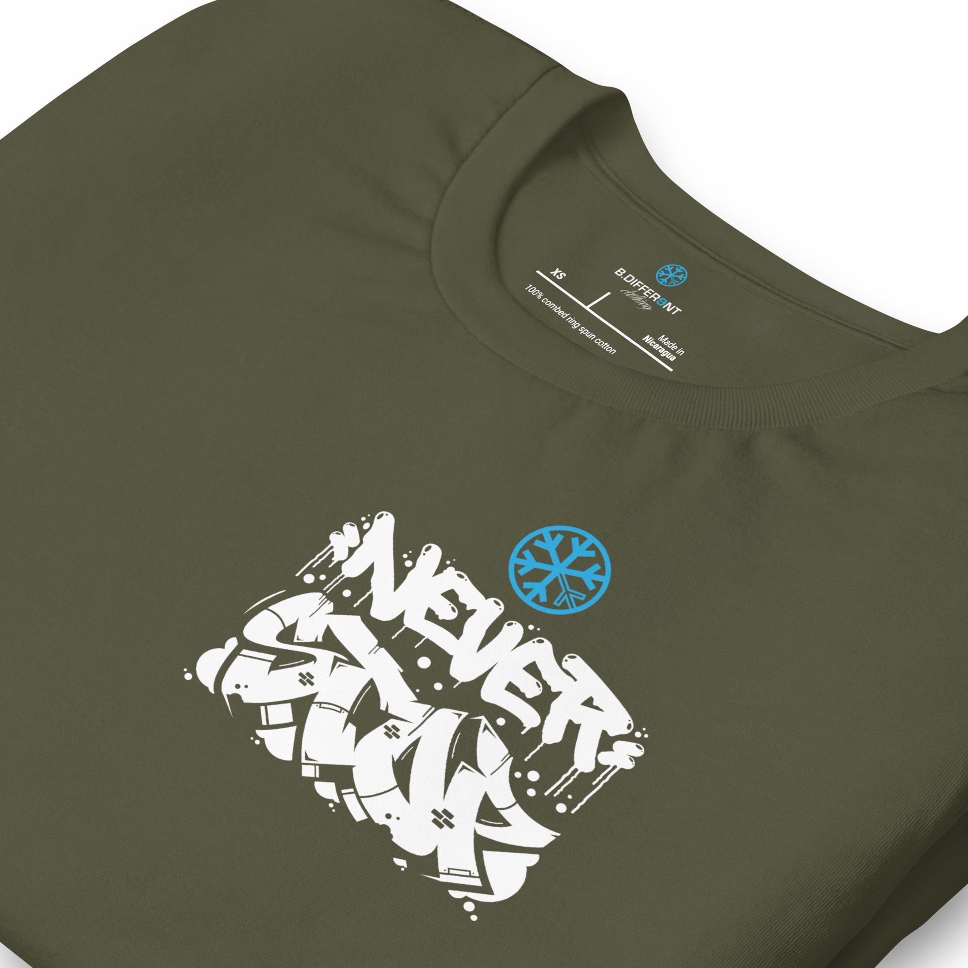 Green-Never Stop Graffiti Character Tee from B.Different Clothing, detail, graffiti-inspired streetwear t-shirt