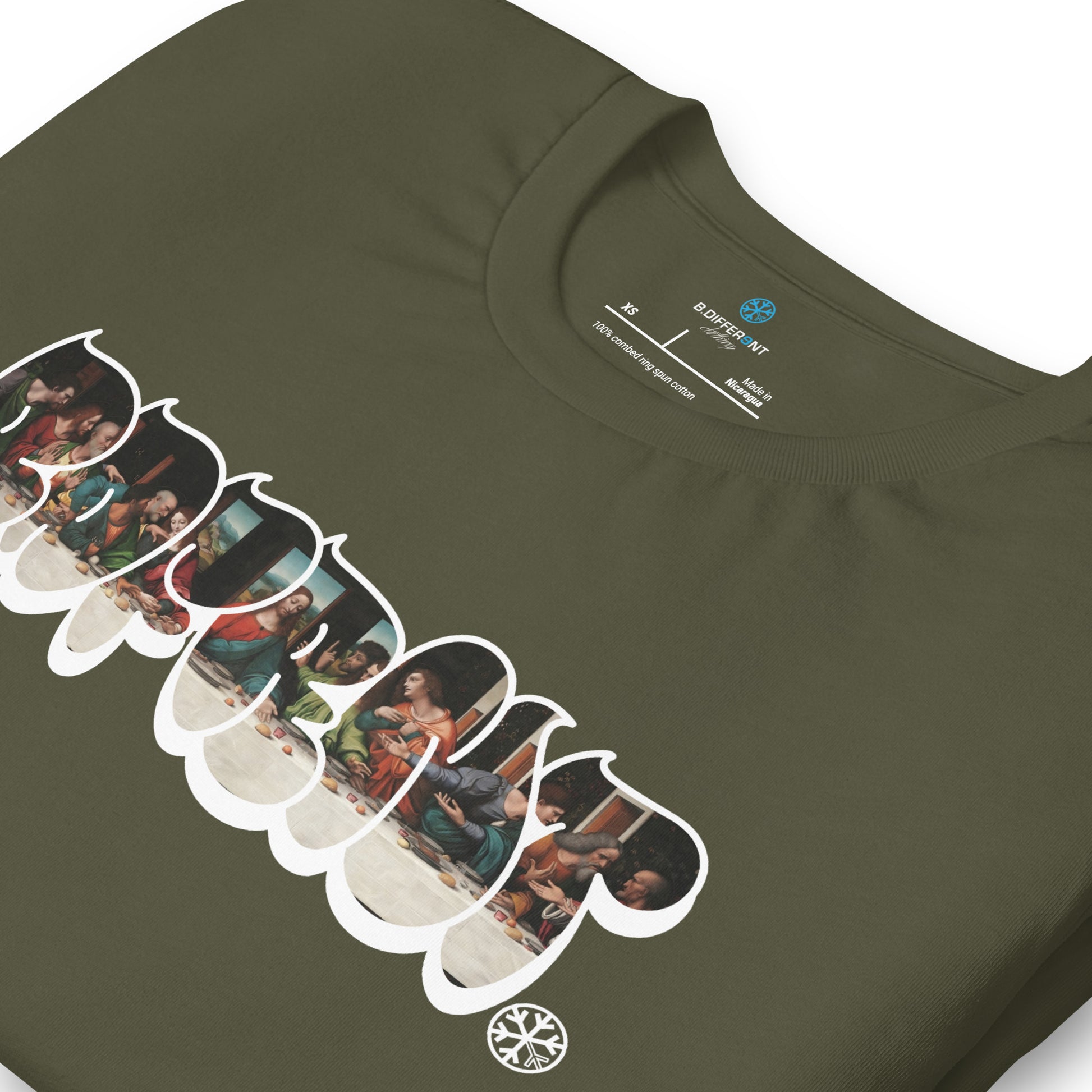 Green-BDFRNT Throwie x Last Supper Graffiti Tee from B.Different Clothing, detail, graffiti-inspired streetwear t-shirt