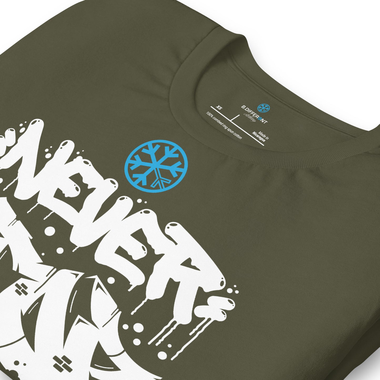 Green-Never Stop Graffiti Piece Tee from B.Different Clothing, detail, graffiti-inspired streetwear t-shirt