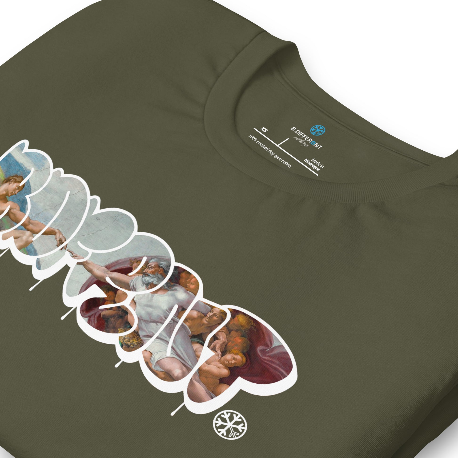 Green-BDFRNT Throwie x Creation of Adam Graffiti Tee from B.Different Clothing, detail, graffiti-inspired streetwear t-shirt