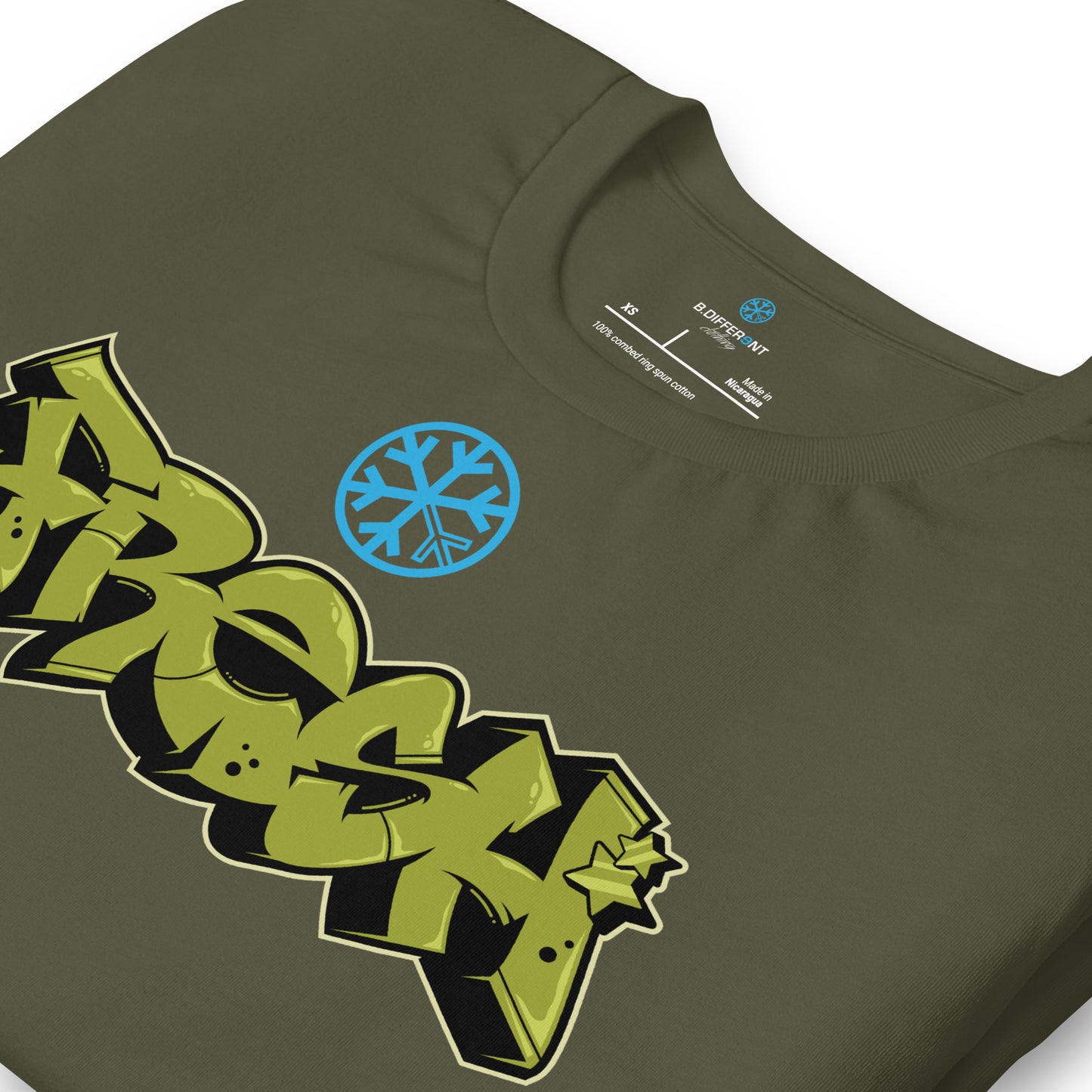 Green-Fresh Graffiti Piece Tee from B.Different Clothing, detail, graffiti-inspired streetwear t-shirt