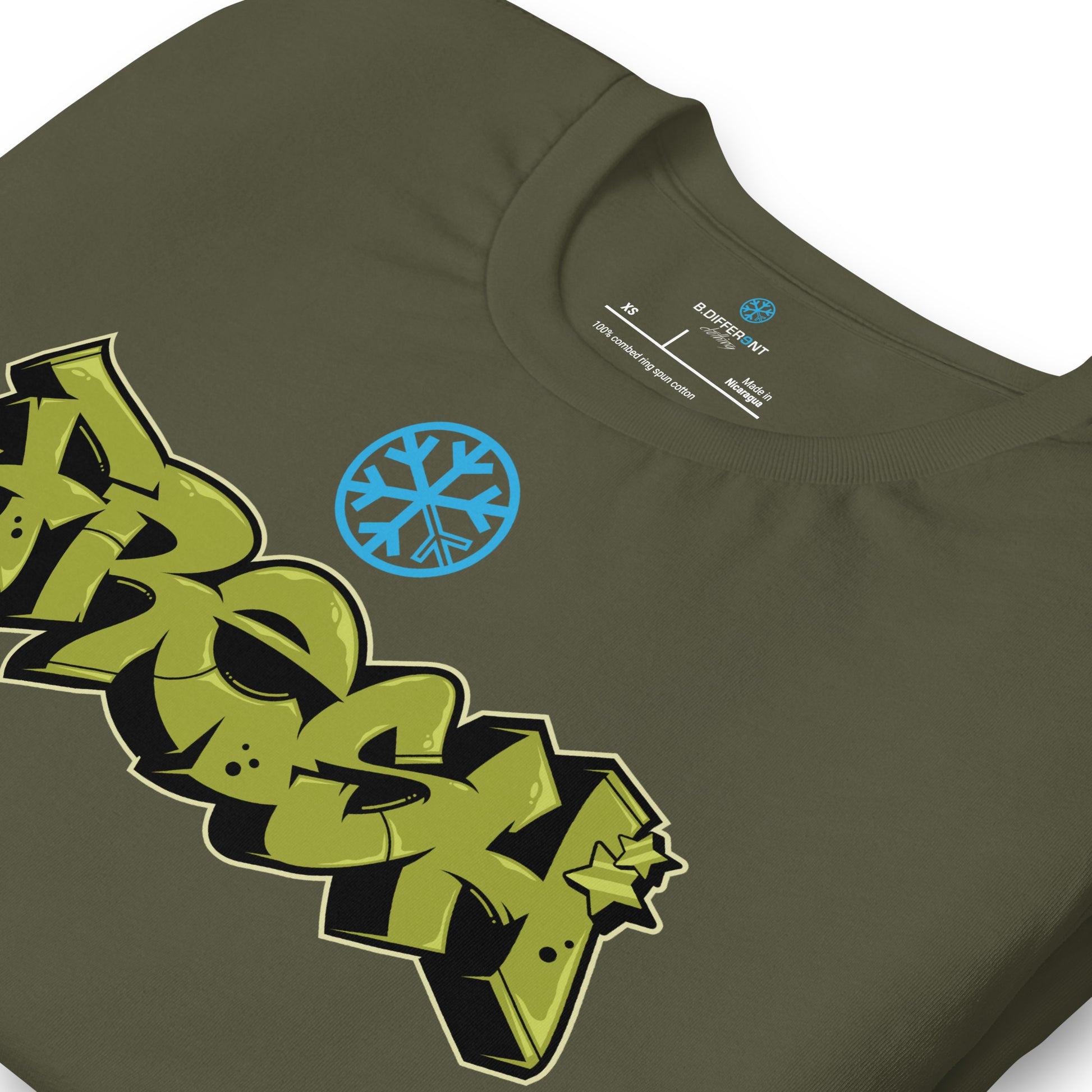 Green-Fresh Graffiti Piece Tee from B.Different Clothing, detail, graffiti-inspired streetwear t-shirt