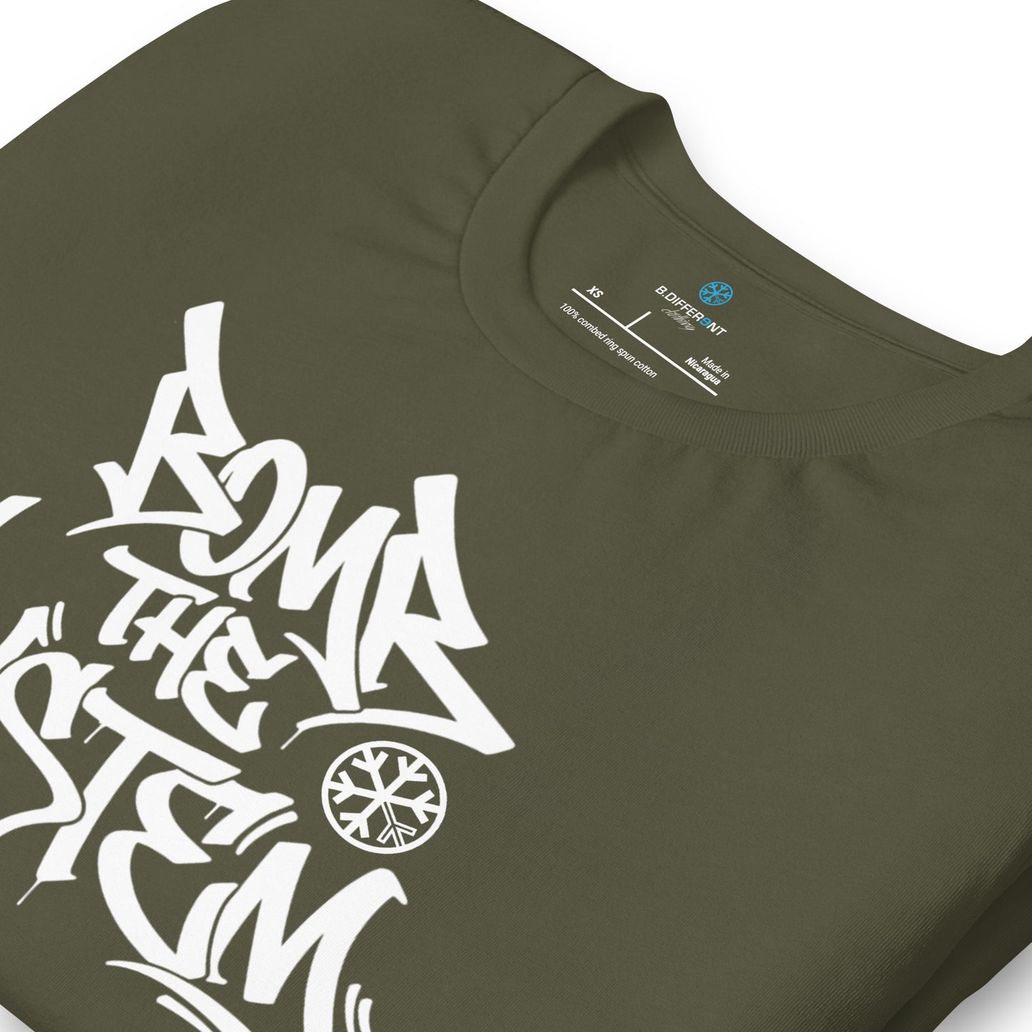 Green-Bomb The System Graffiti Tee from B.Different Clothing, detail, graffiti-inspired streetwear t-shirt