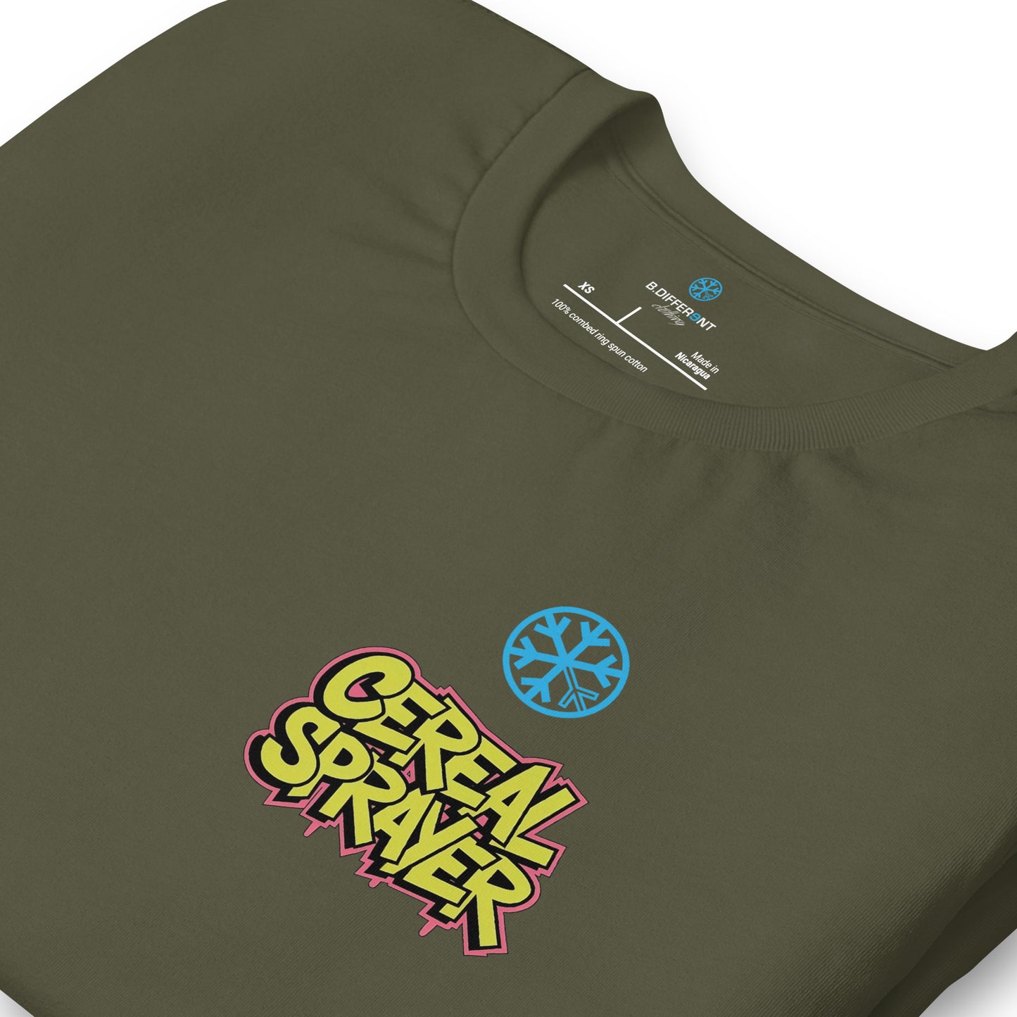 Green-Cereal Sprayer Graffiti Tee from B.Different Clothing, detail, graffiti-inspired streetwear t-shirt