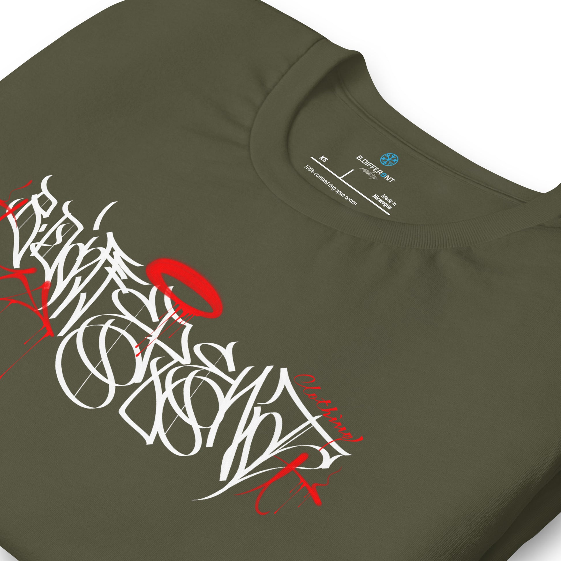 Green-Caos One Collab Graffiti Tee from B.Different Clothing, detail, graffiti-inspired streetwear t-shirt