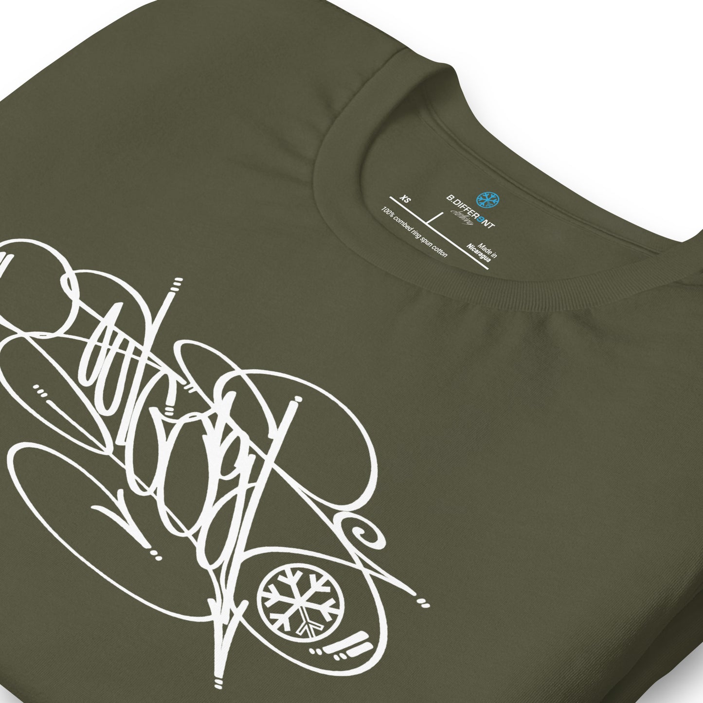 Green-Outcast Tag Tee by Graffiti Dad from B.Different Clothing, detail, graffiti-inspired streetwear t-shirt
