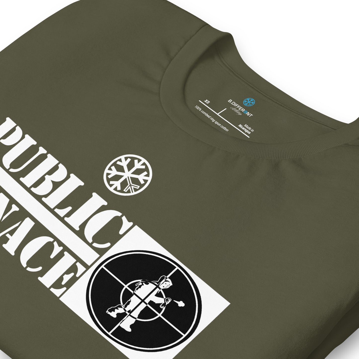 Green-Public Menace Graffiti Tee from B.Different Clothing, detail, graffiti-inspired streetwear t-shirt