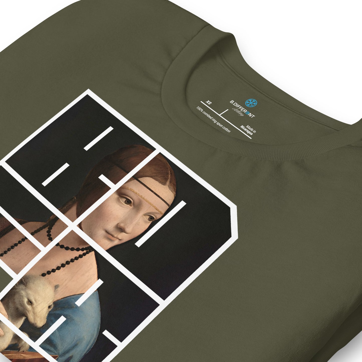 Green-BDFRNT Blockbuster x Lady With Ermine Graffiti Tee from B.Different Clothing, detail, graffiti-inspired streetwear t-shirt