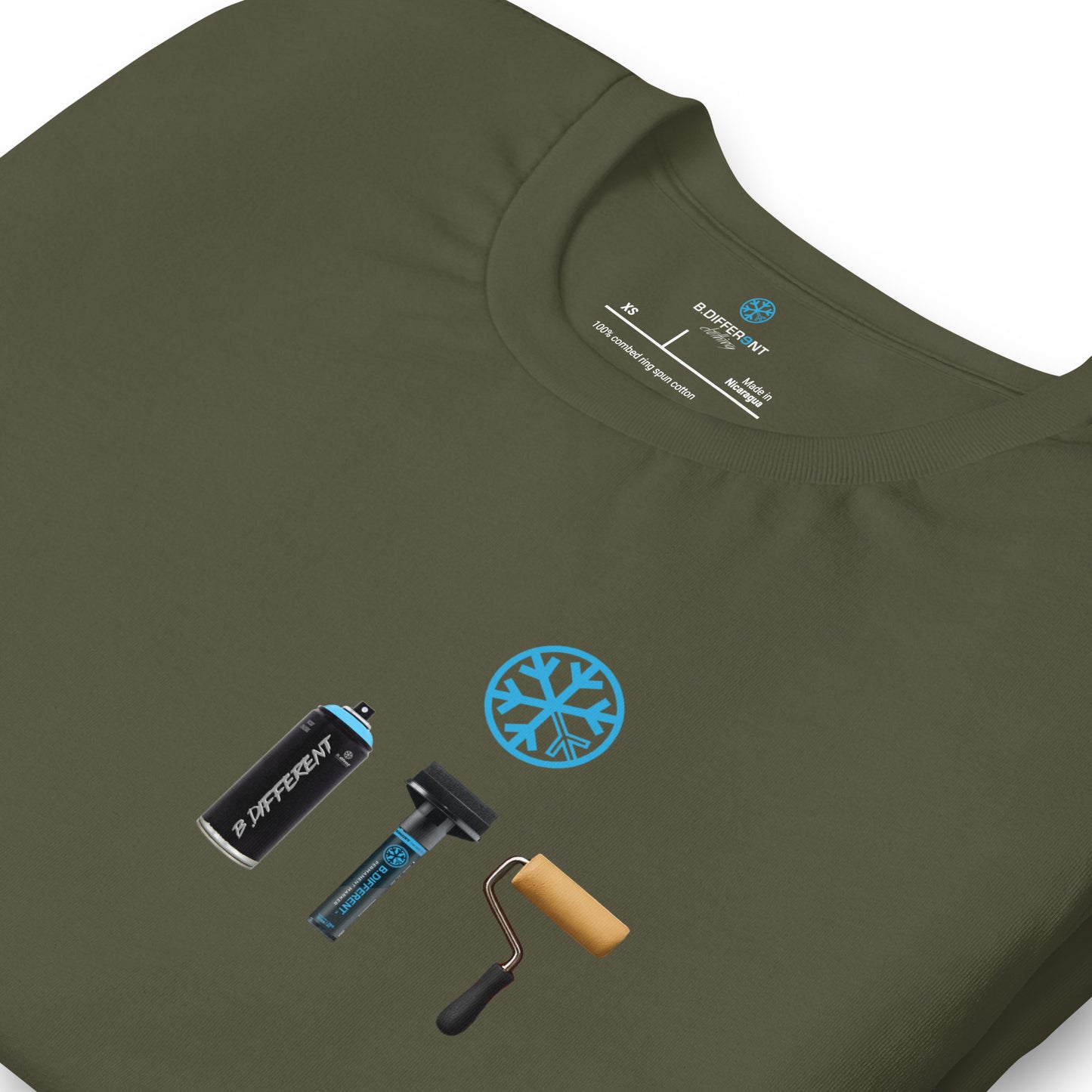 Green-Graffiti Artist Action Figure Tee from B.Different Clothing, detail, graffiti-inspired streetwear t-shirt