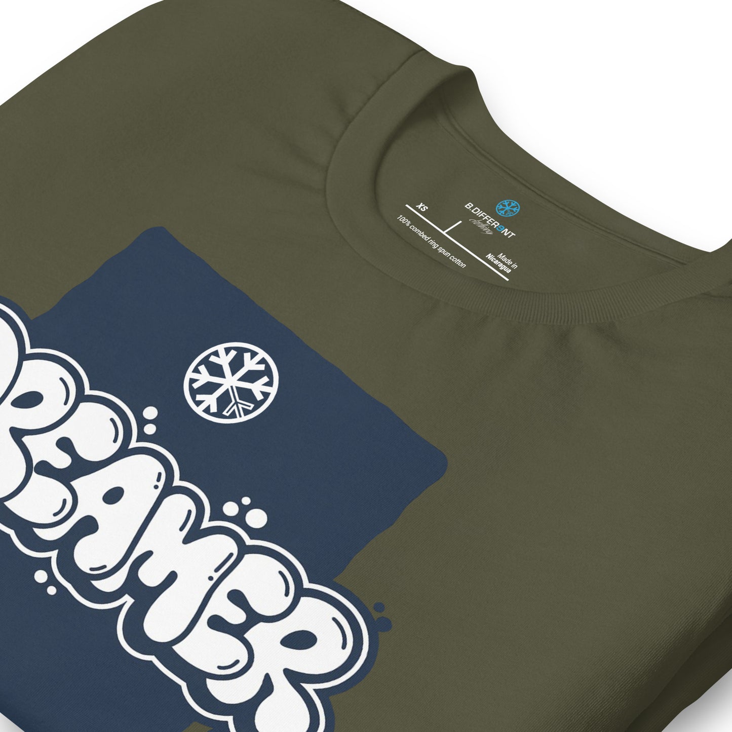 Green-Dreamer Graffiti Throw-up Tee from B.Different Clothing, detail, graffiti-inspired streetwear t-shirt