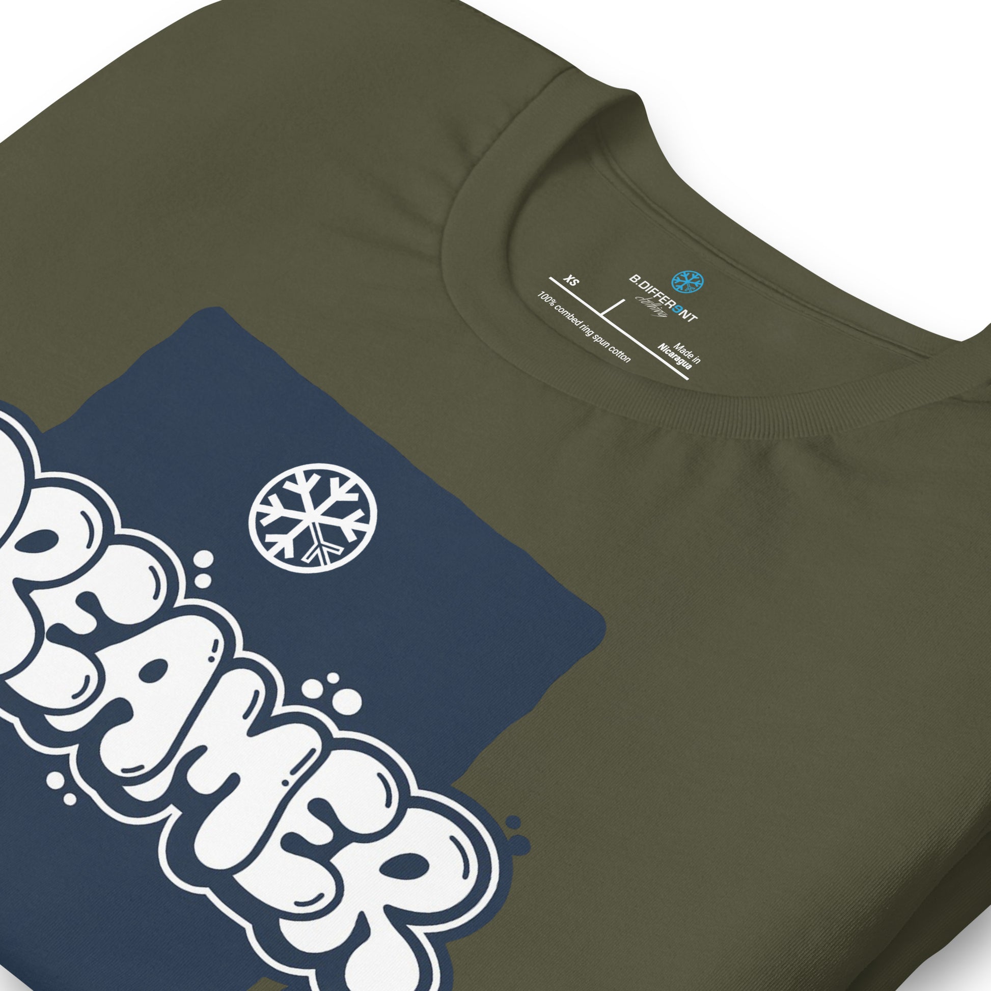 Green-Dreamer Graffiti Throw-up Tee from B.Different Clothing, detail, graffiti-inspired streetwear t-shirt