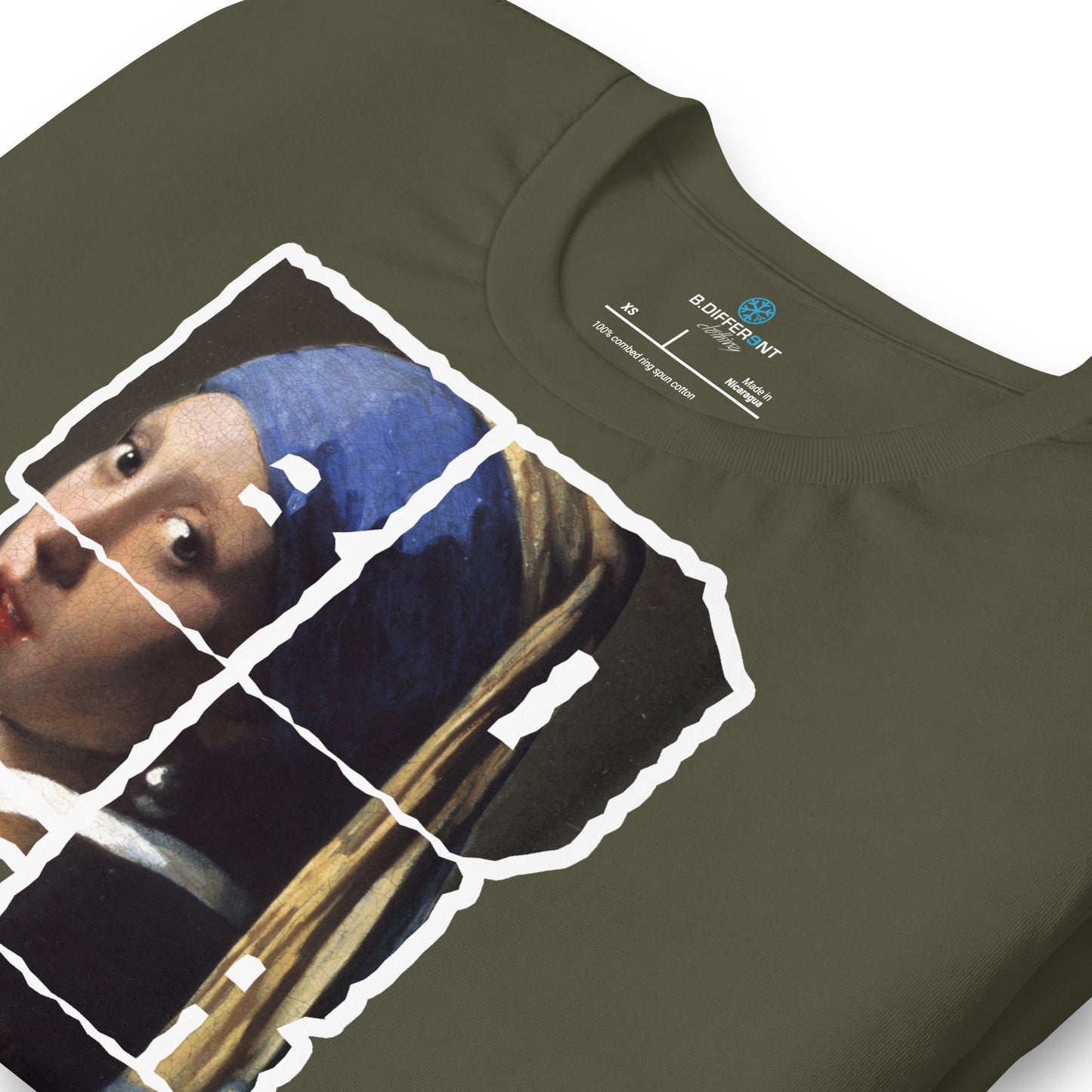 Military Green-BDFRNT Blockbuster x Girl With Pearl Earring Tee from B.Different Clothing, zoomed-in view, graffiti-inspired streetwear