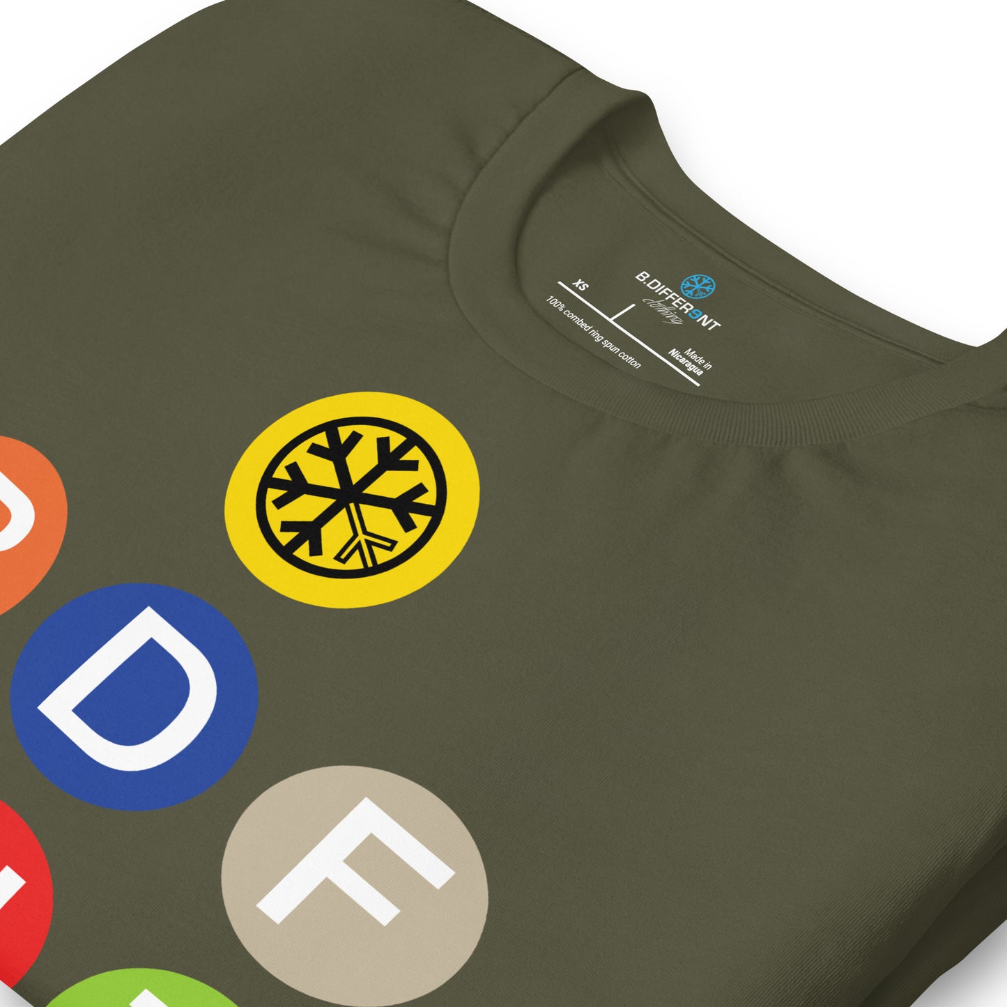 Army Green-BDFRNT NYC Subway Tee from B.Different Clothing, detail, graffiti-inspired streetwear